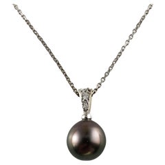Vintage 18K/14K White Gold and Diamond Black Pearl Pendant Necklace #14139