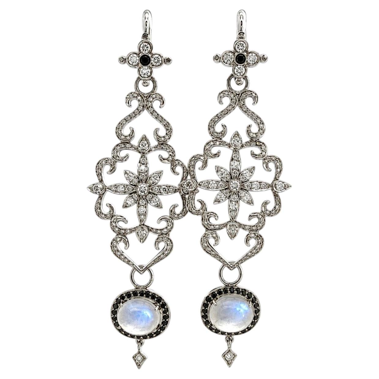 18K & 14K White Gold Moonstone Black Diamond Dangle Earrings 3" 17.9g For Sale