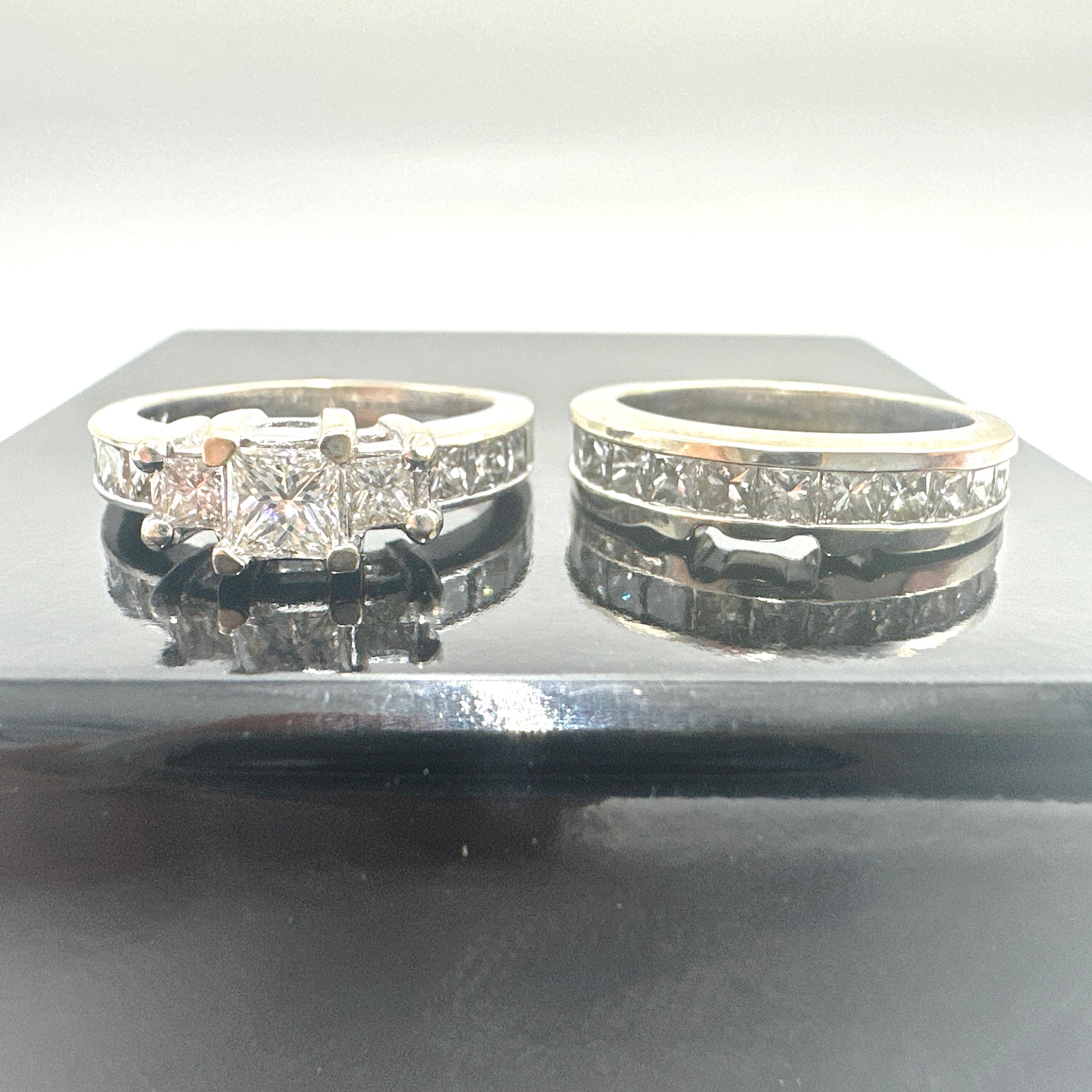 18k/14k White Gold Natural Princess Diamond Engagement Ring Set. 2.53TCW 2