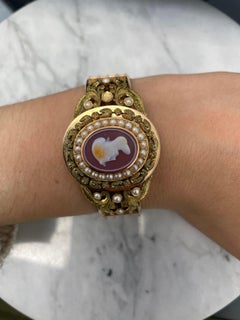 18k & 14k Yellow and Rose Gold Pearl and Cameo Cuff Bangle