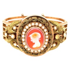 Vintage 18k & 14k Yellow and Rose Gold Pearl and Cameo Cuff Bangle