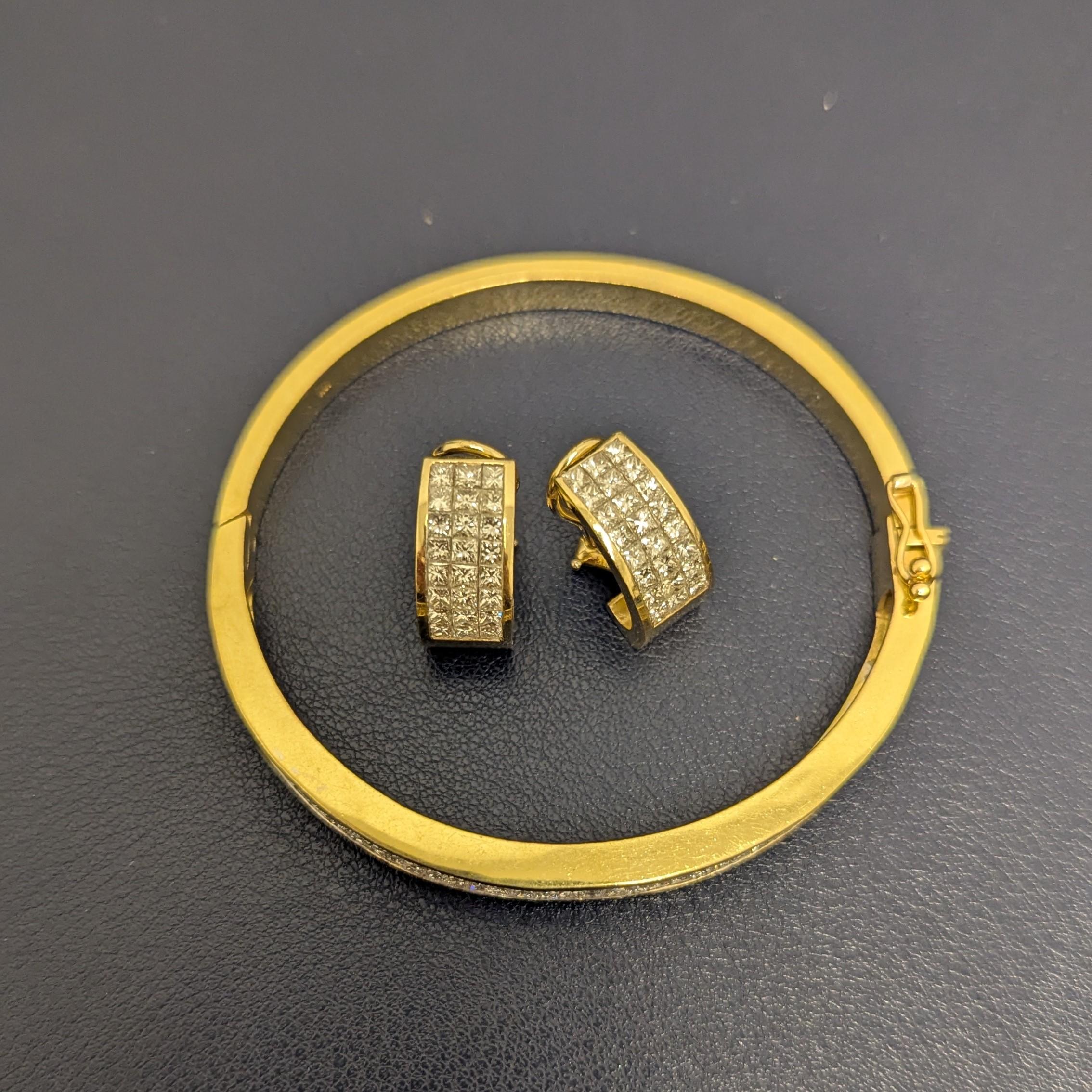 Bracelet en or jaune 18K avec diamants pavés Boucles d'oreilles Suite Pour femmes en vente