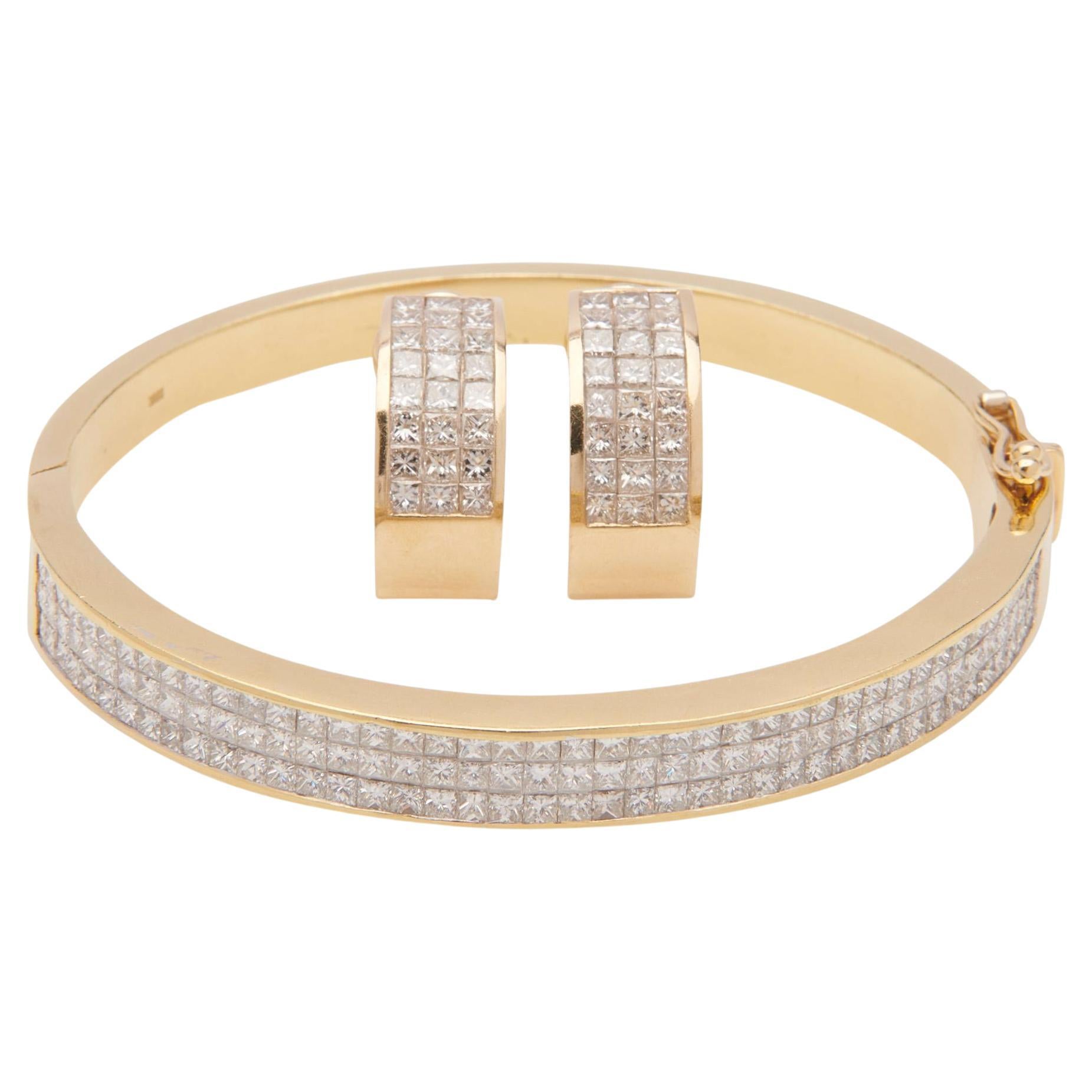 18K Yellow Gold Pave Diamond Bracelet Bangle Earclips Suite