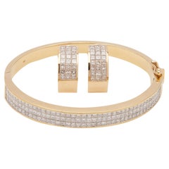 18K Yellow Gold Pave Diamond Bracelet Bangle Earclips Suite