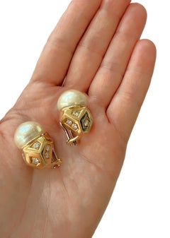 18K 16.00 mm Pearl and 1.26 CTW Diamond Geometric Earrings