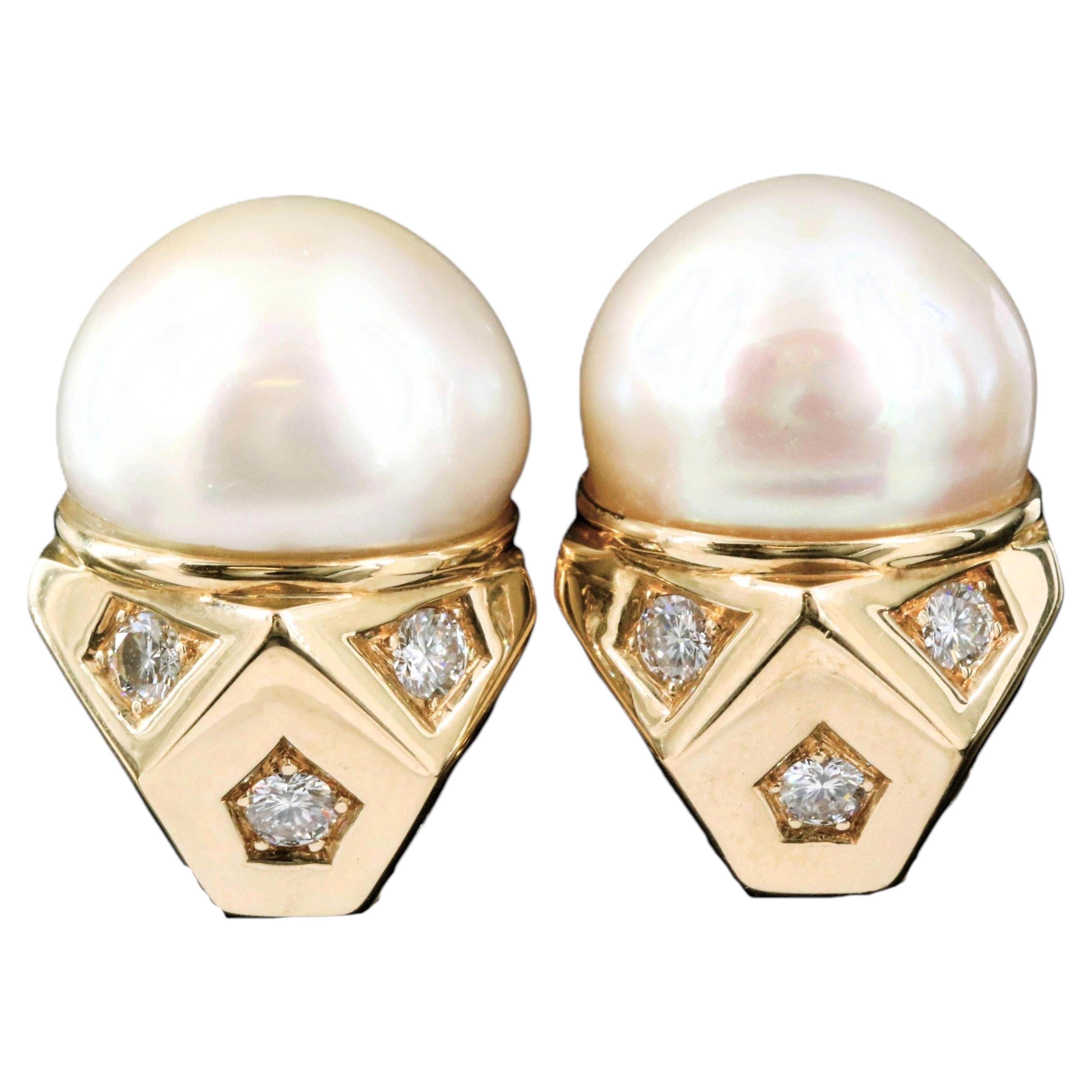 18K 16.00 mm Pearl and 1.26 CTW Diamond Geometric Earrings