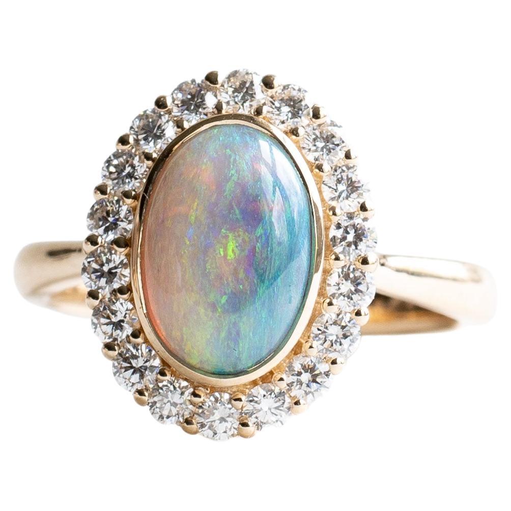 18k 1.66 Carat Australian Opal Halo Ring, Cocktail Ring For Sale