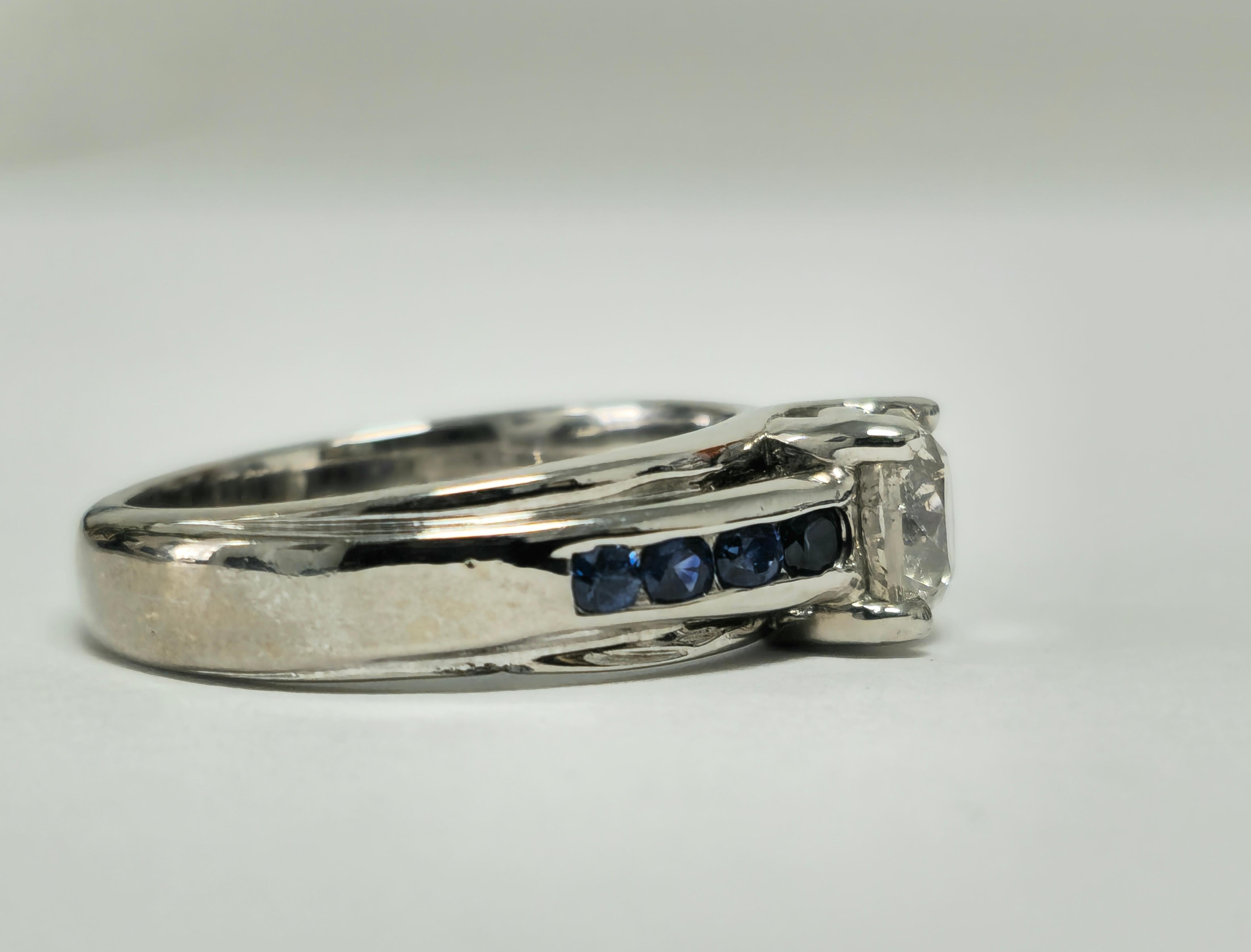 Brilliant Cut 18K, 1.70 Carat Diamond and Blue Sapphire Ring For Sale