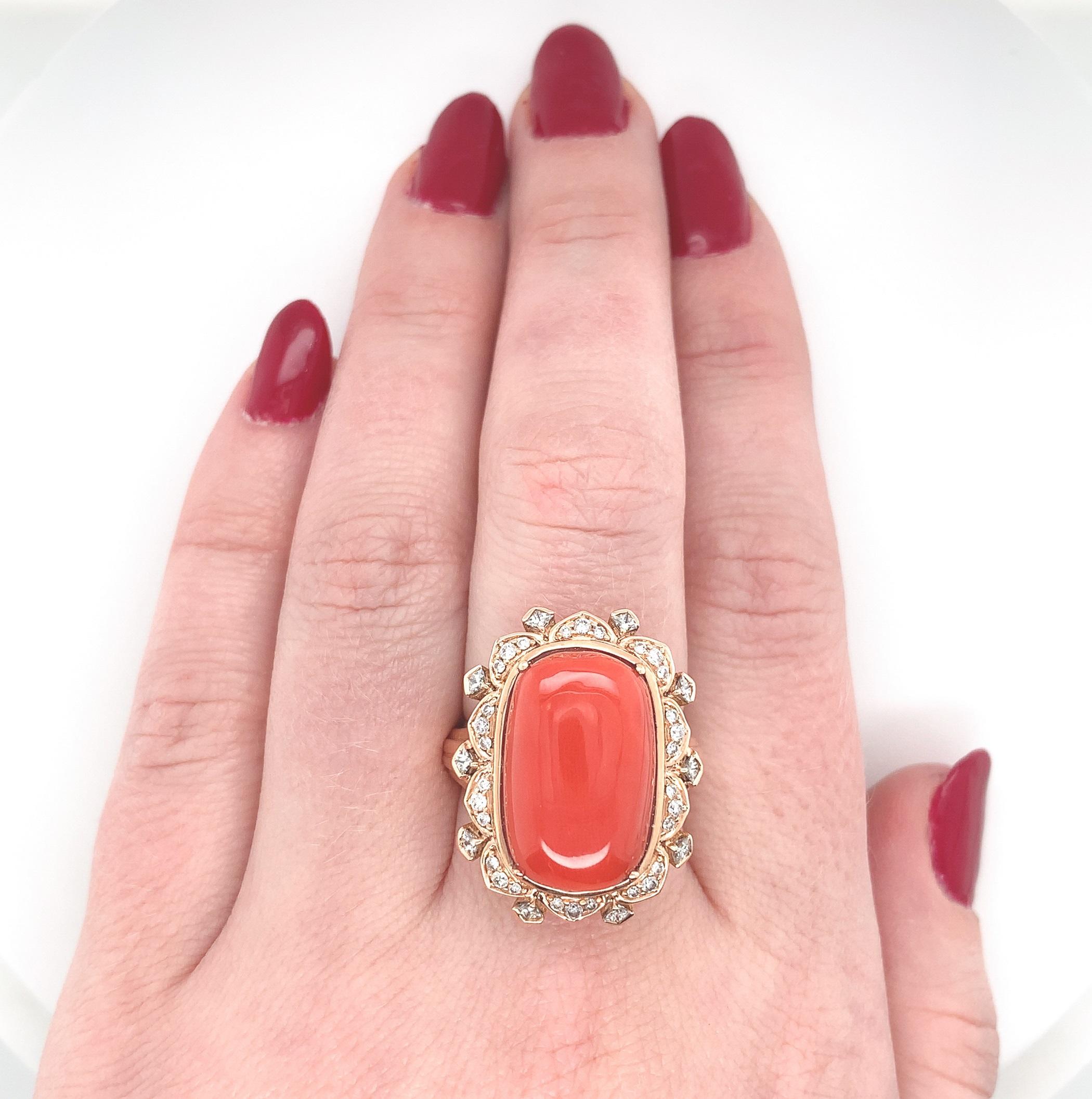 Women's 18k 17.65 Carat Ox Blood Coral Ring with .54 Carat Diamond For Sale