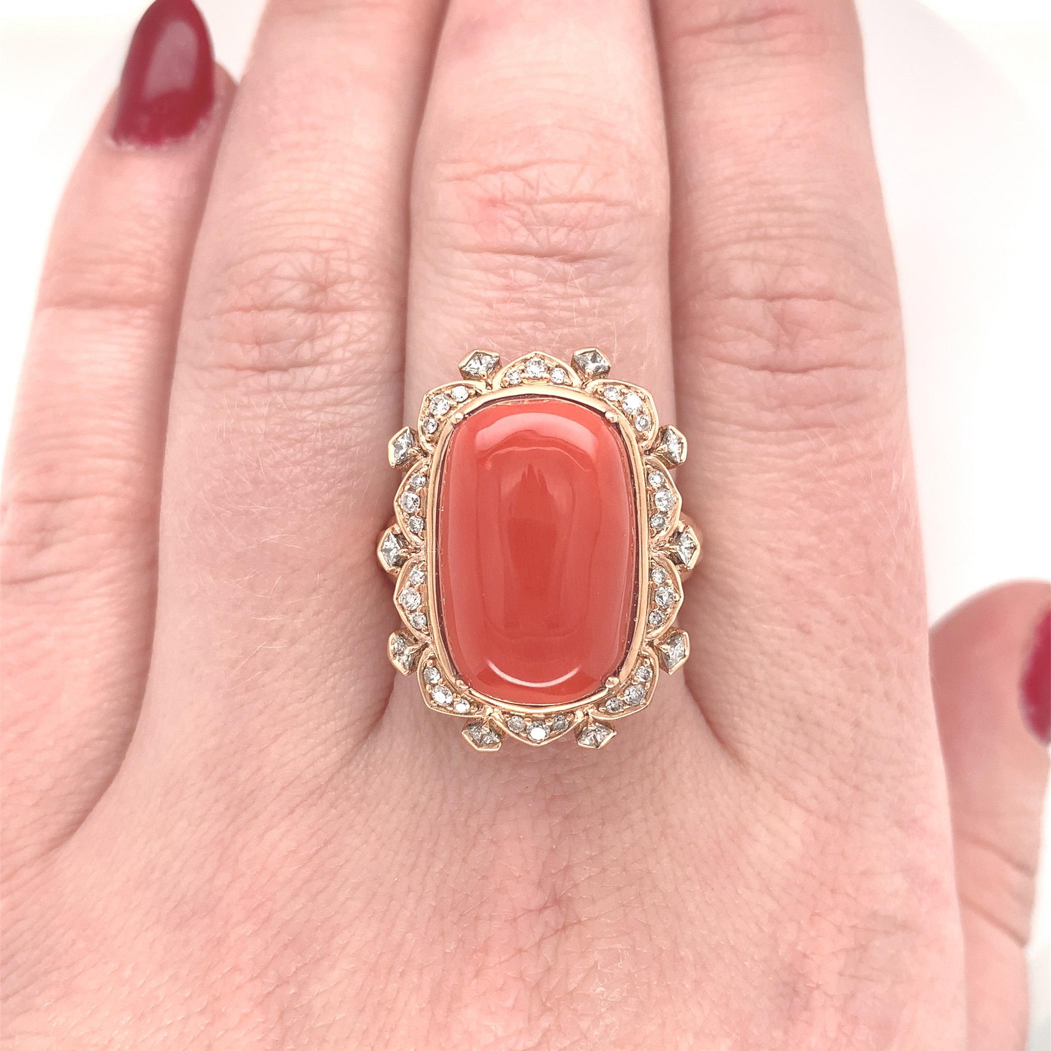 18k 17.65 Carat Ox Blood Coral Ring with .54 Carat Diamond For Sale 1