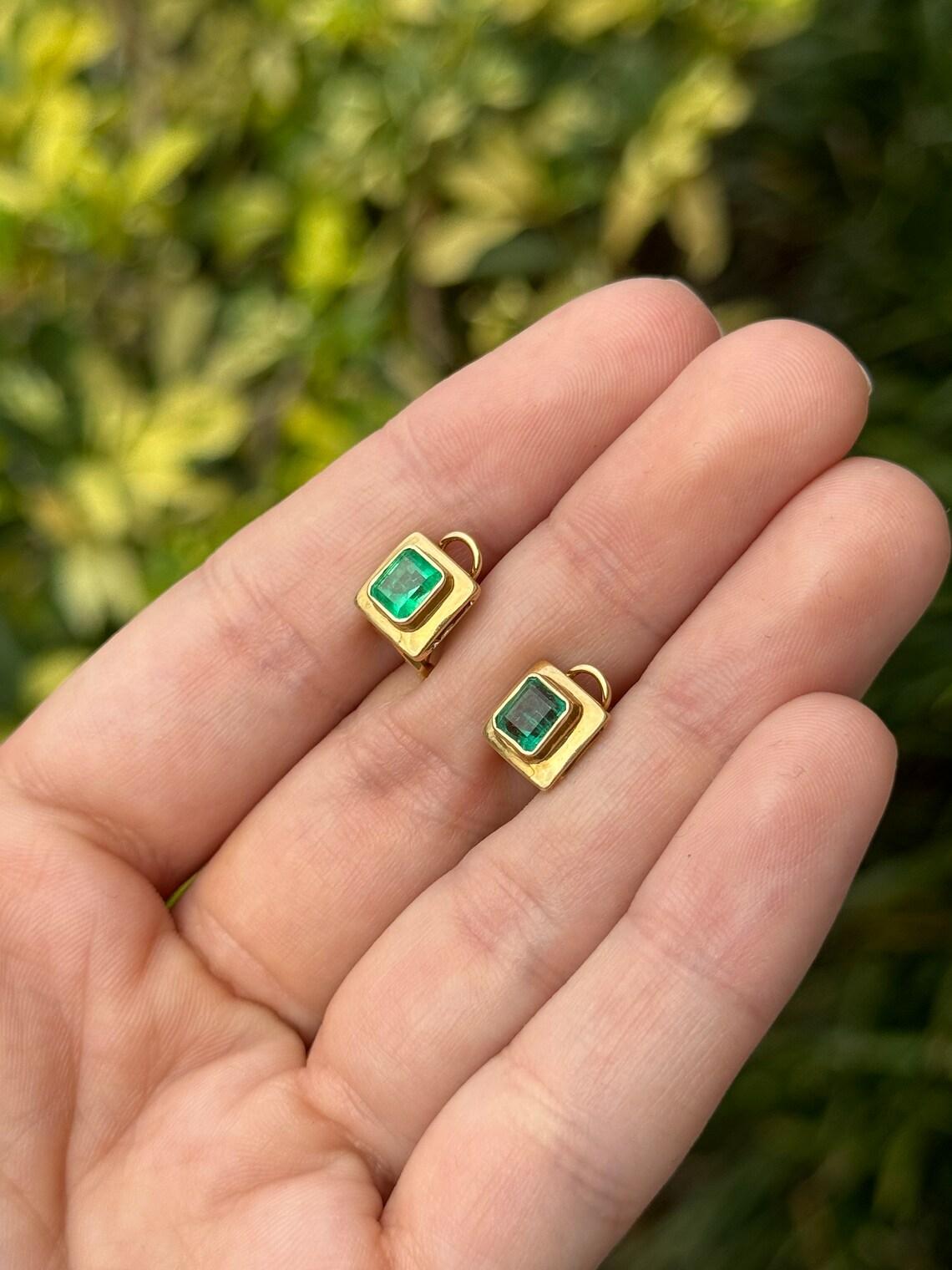Emerald Cut 18K 1.85tcw Medium Green Colombian Emerald Stud Earrings Bezel Set Gold Latch For Sale