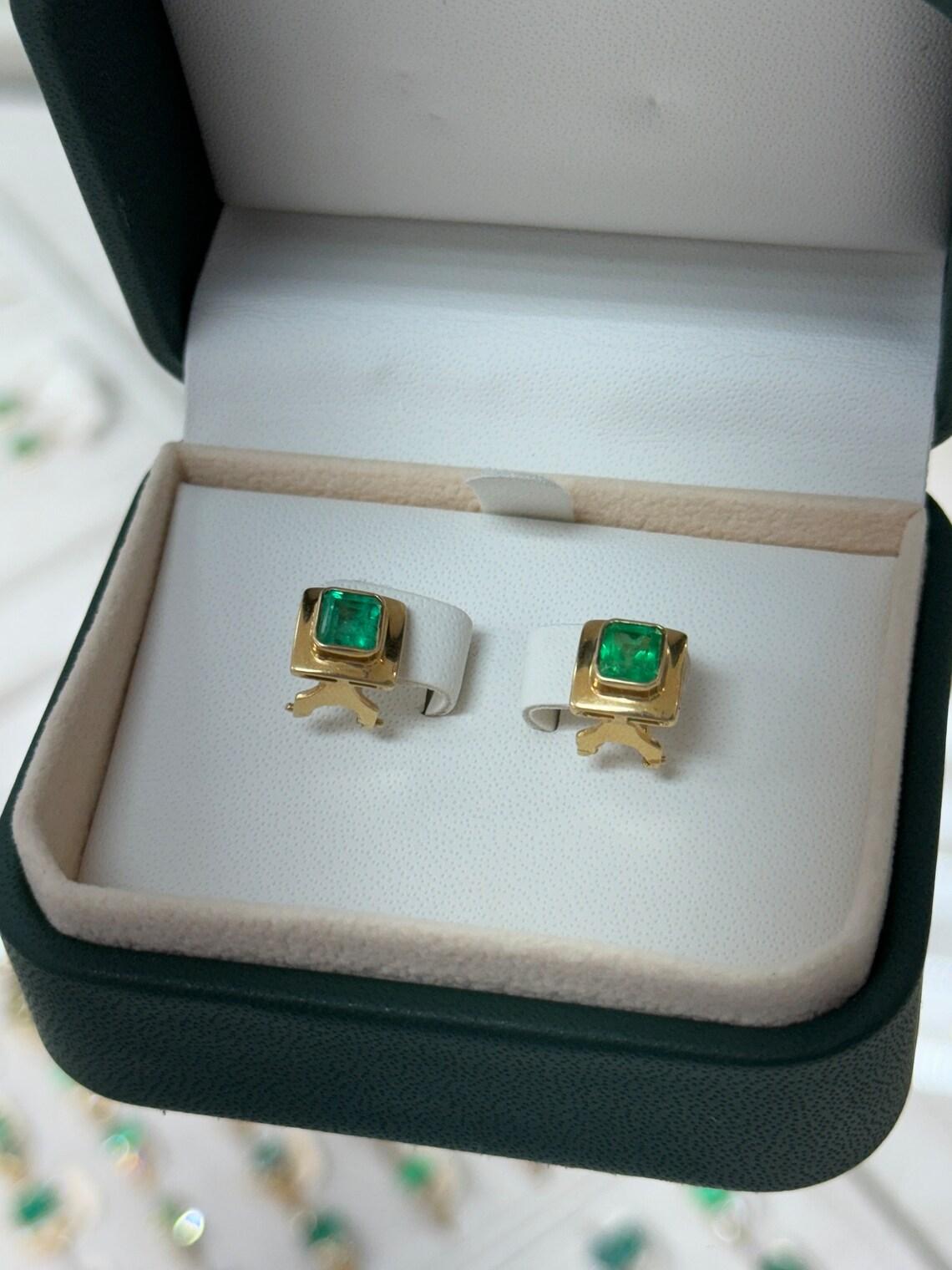 18K 1.85tcw Medium Green Colombian Emerald Stud Earrings Bezel Set Gold Latch For Sale 3