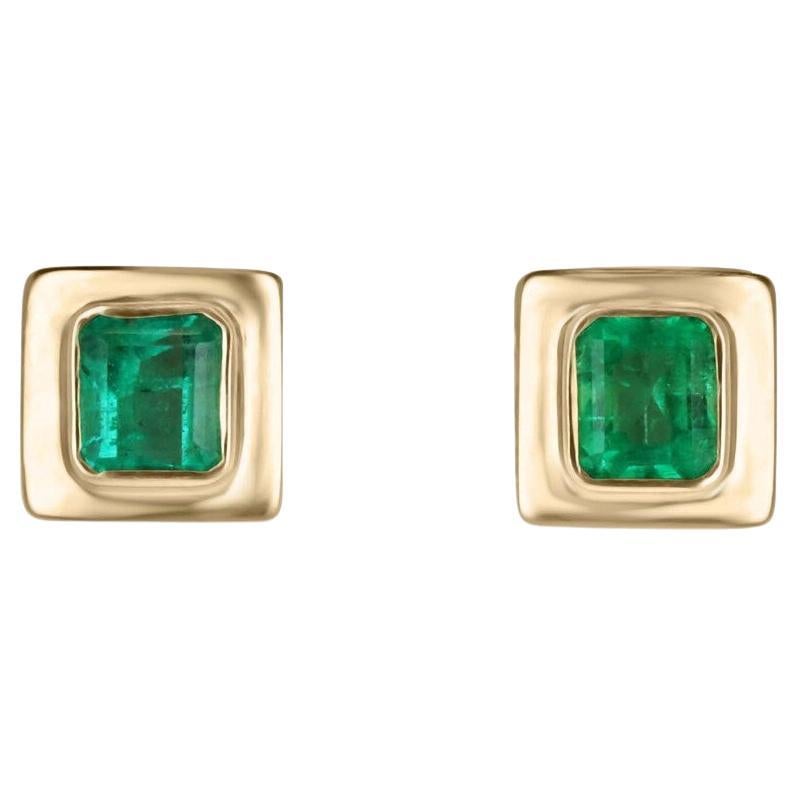 18K 1.85tcw Medium Green Colombian Emerald Stud Earrings Bezel Set Gold Latch For Sale