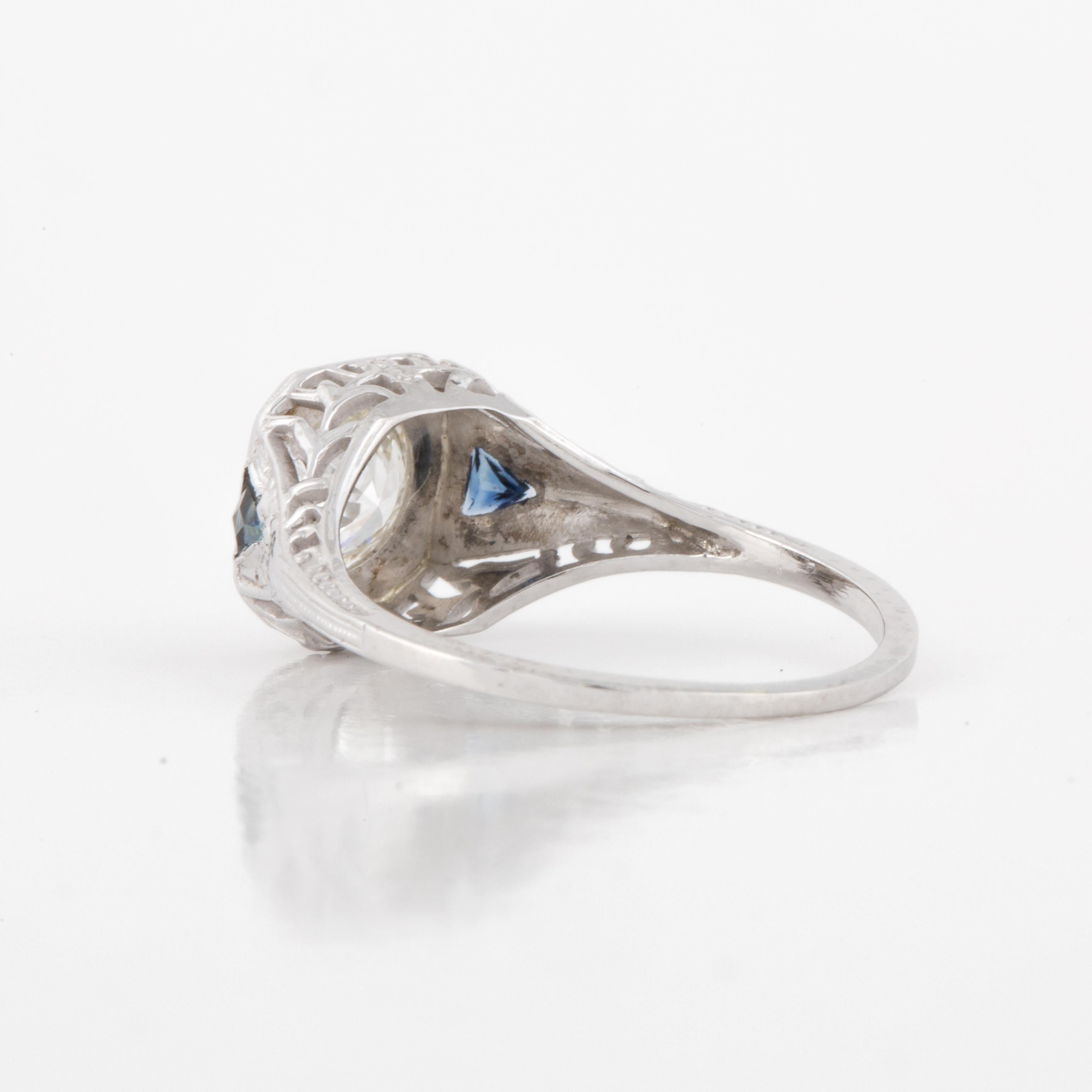 Mixed Cut Art Deco 18K White Gold Diamond Engagement Ring with Sapphire Accents