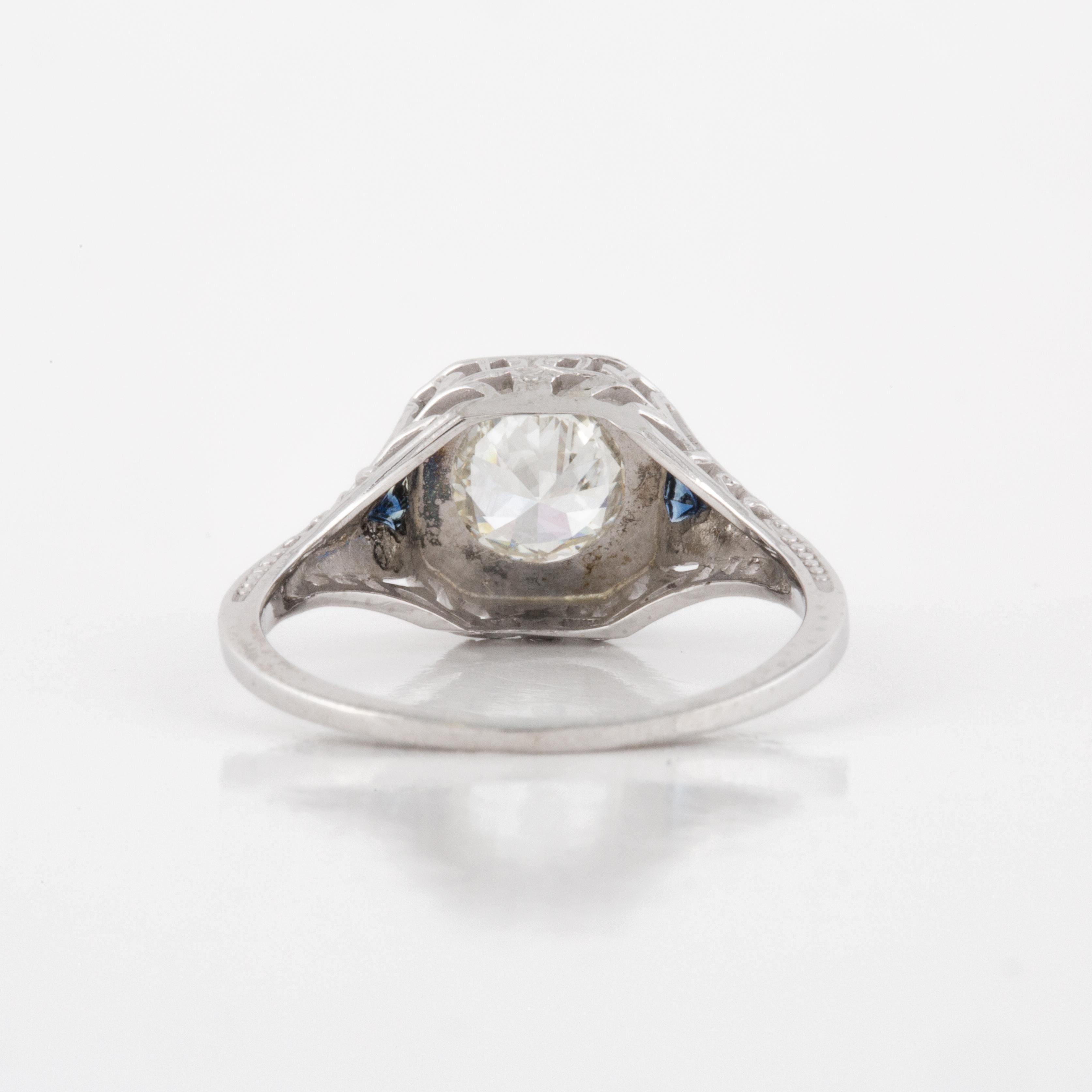 Art Deco 18K White Gold Diamond Engagement Ring with Sapphire Accents In Good Condition In Houston, TX
