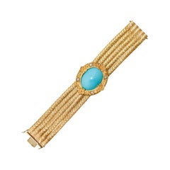 18K 1970s 5-Strand Florentine Bracelet with Removable Diamond Turquoise Enhancer