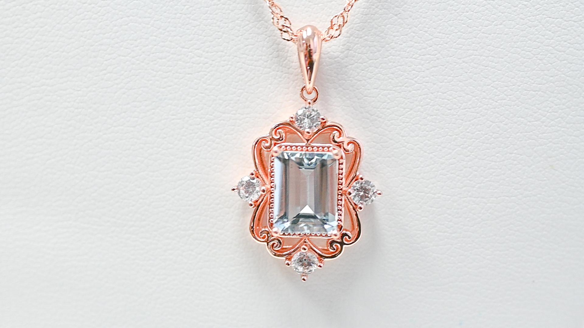 Art Deco 18K 1MM Rose Metal Platted Aquamarine Pendant 925 Sterling Silver Jewelry  For Sale