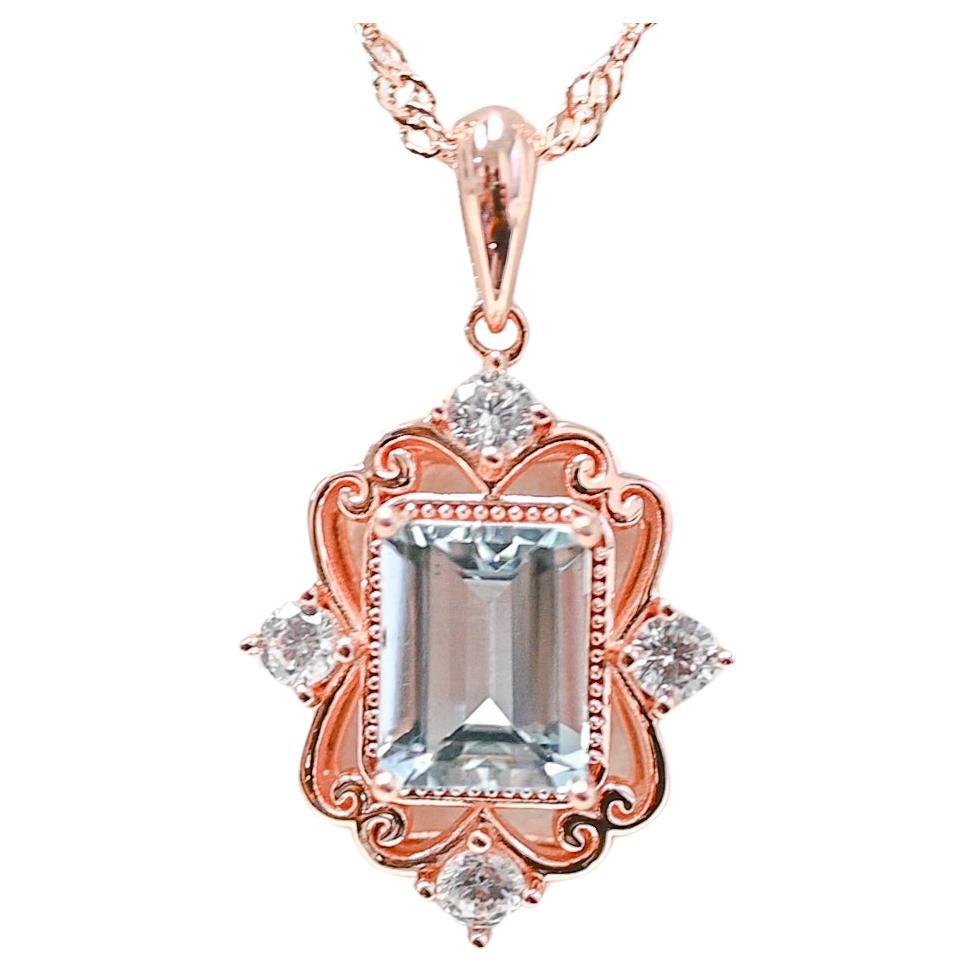 18K 1MM Rose Metal Platted Aquamarine Pendant 925 Sterling Silver Jewelry  For Sale