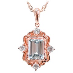 Used 18K 1MM Rose Metal Platted Aquamarine Pendant 925 Sterling Silver Jewelry 