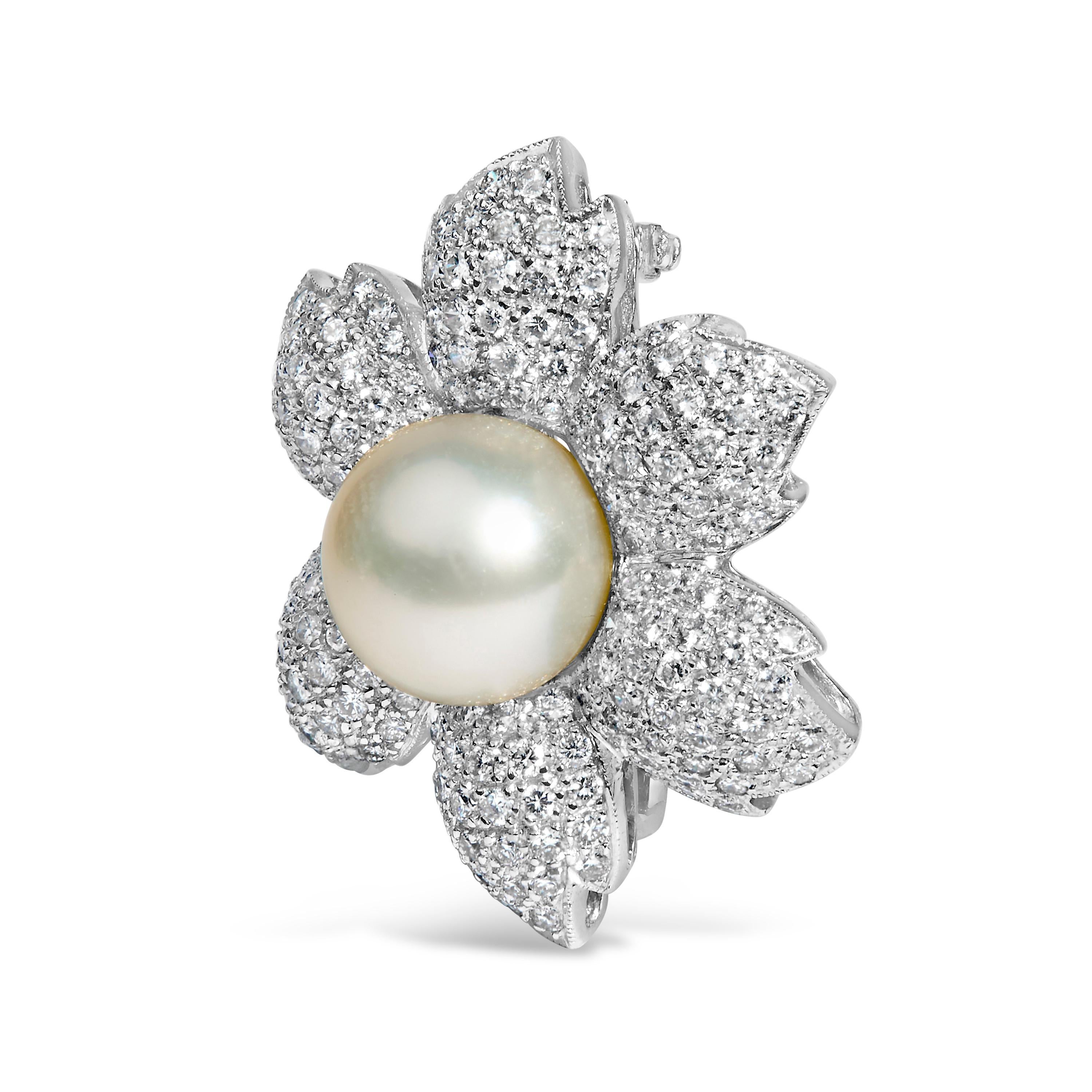 Discover the epitome of timeless elegance with this exquisitely crafted brooch, fashioned from 18K white gold with a rhodium finish to ensure lasting brilliance. This piece is a symphony of design, featuring a enchanting floral motif that blooms