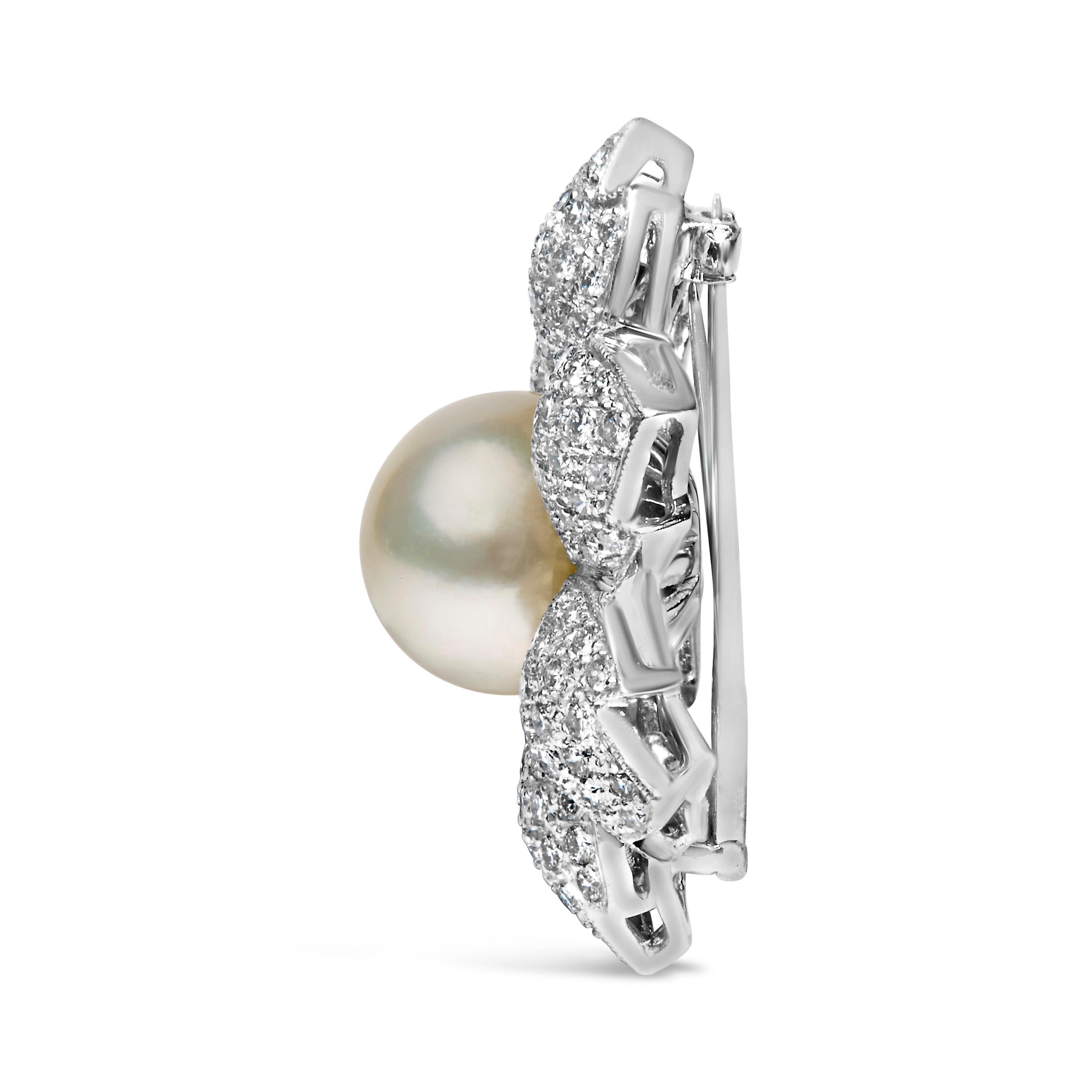 Modern 18K 2 3/4 Cttw Diamond and 12.5 MM Cultured Freshwater Pearl Floral Brooch Pin For Sale