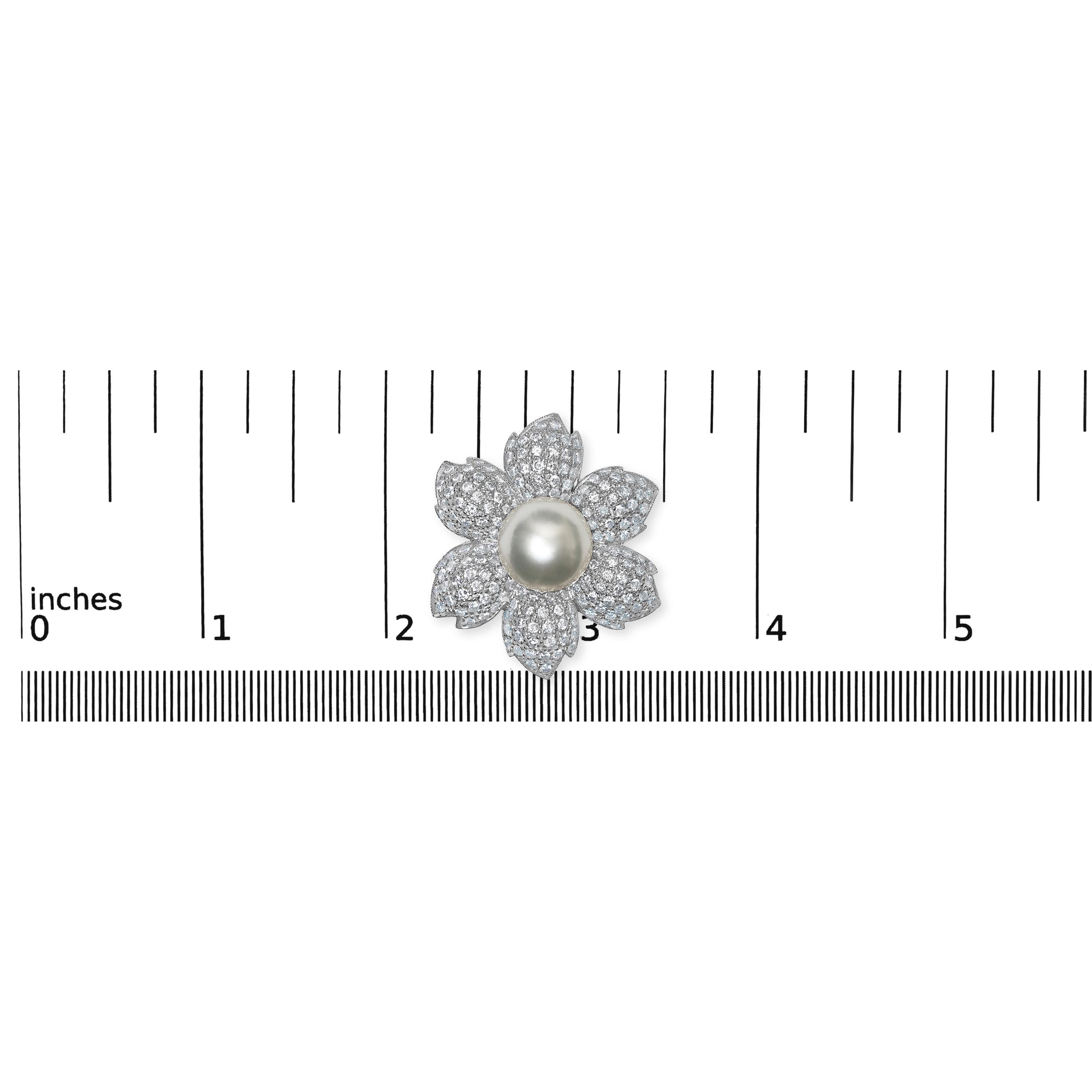 Round Cut 18K 2 3/4 Cttw Diamond and 12.5 MM Cultured Freshwater Pearl Floral Brooch Pin For Sale