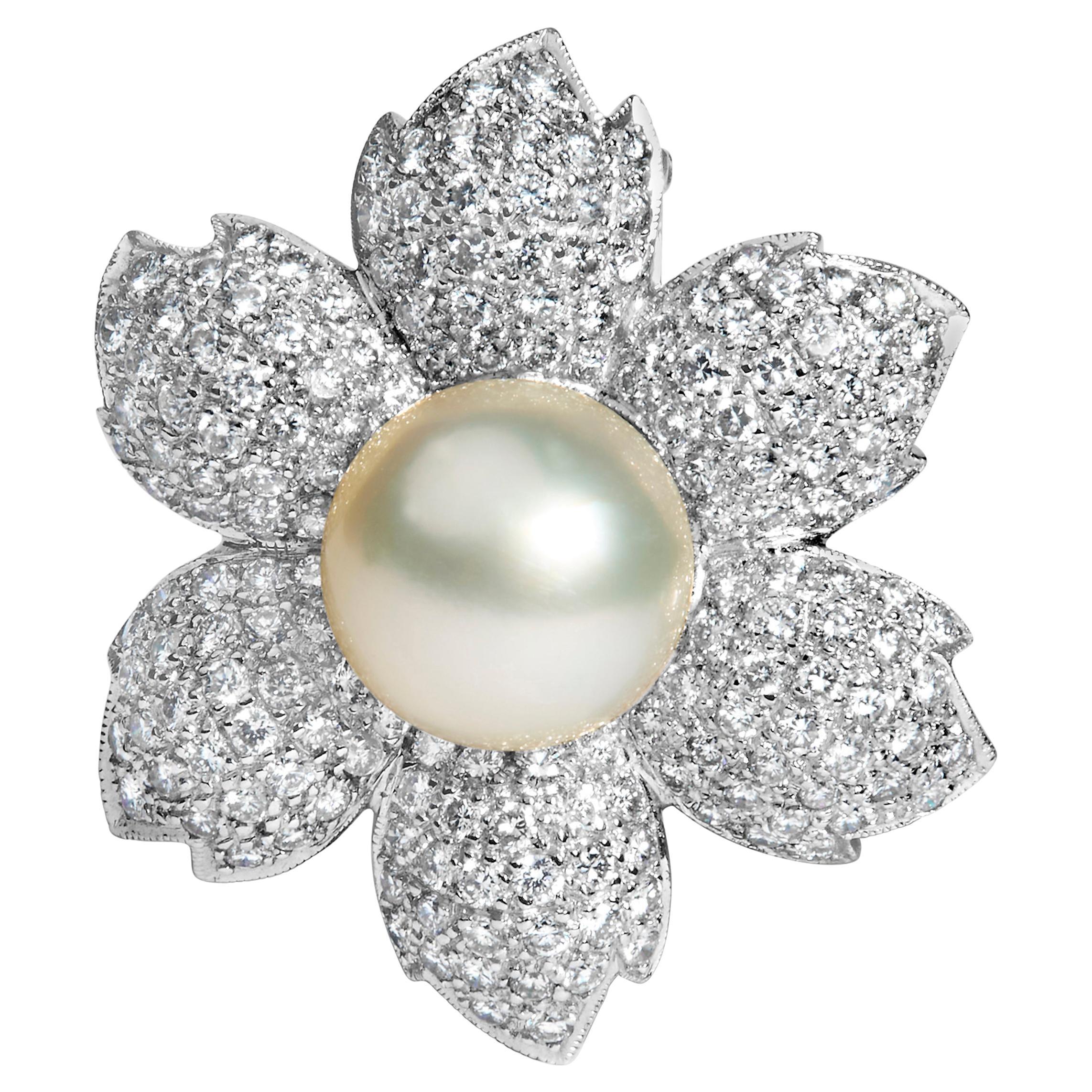 18K 2 3/4 Cttw Diamond and 12.5 MM Cultured Freshwater Pearl Floral Brooch Pin For Sale