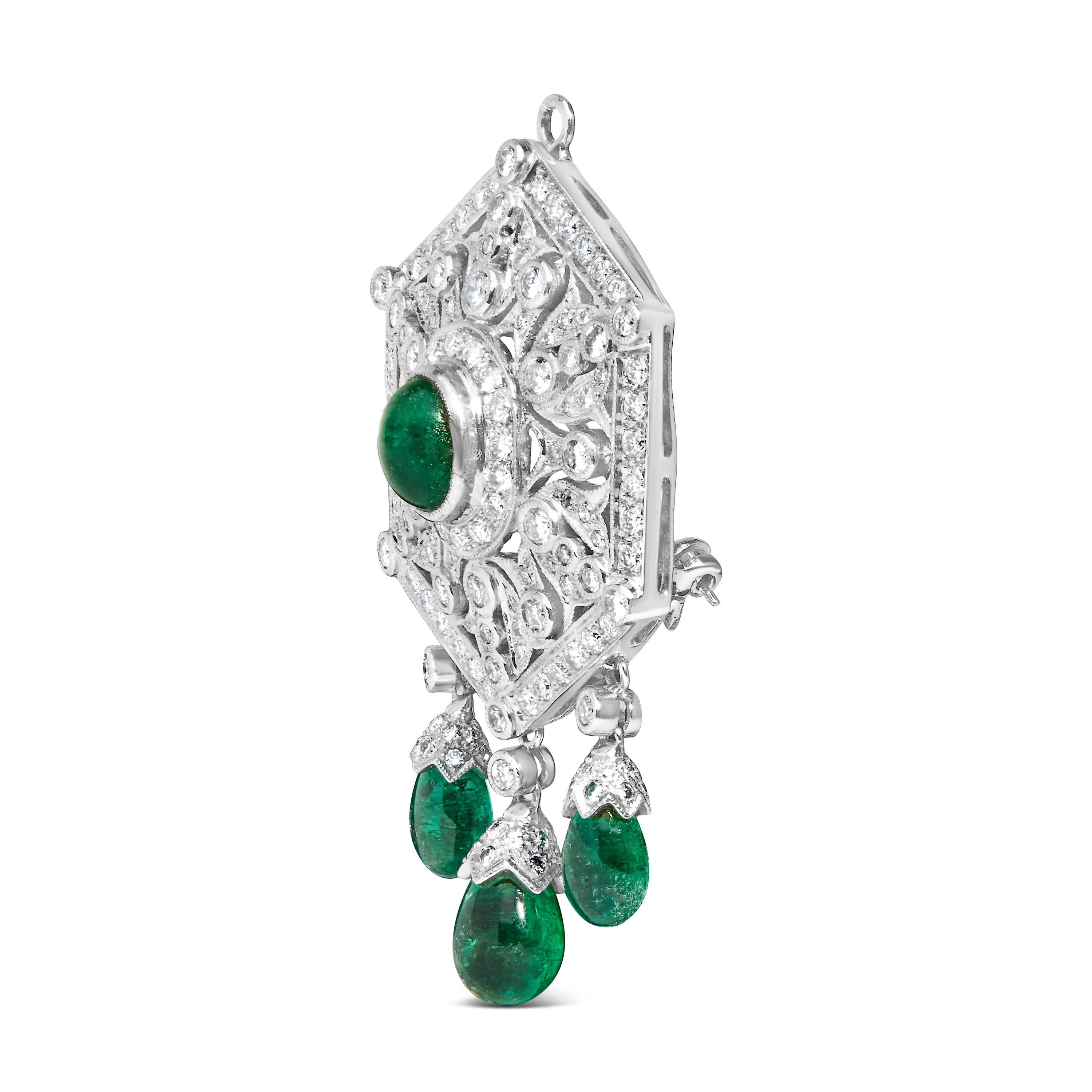 Imbued with the splendor of the Art Deco era, this exquisite 18k white gold brooch pin pendant embodies vintage elegance fused with exceptional craftsmanship. Its shield design, finished with a rhodium plating for enhanced luster and longevity,