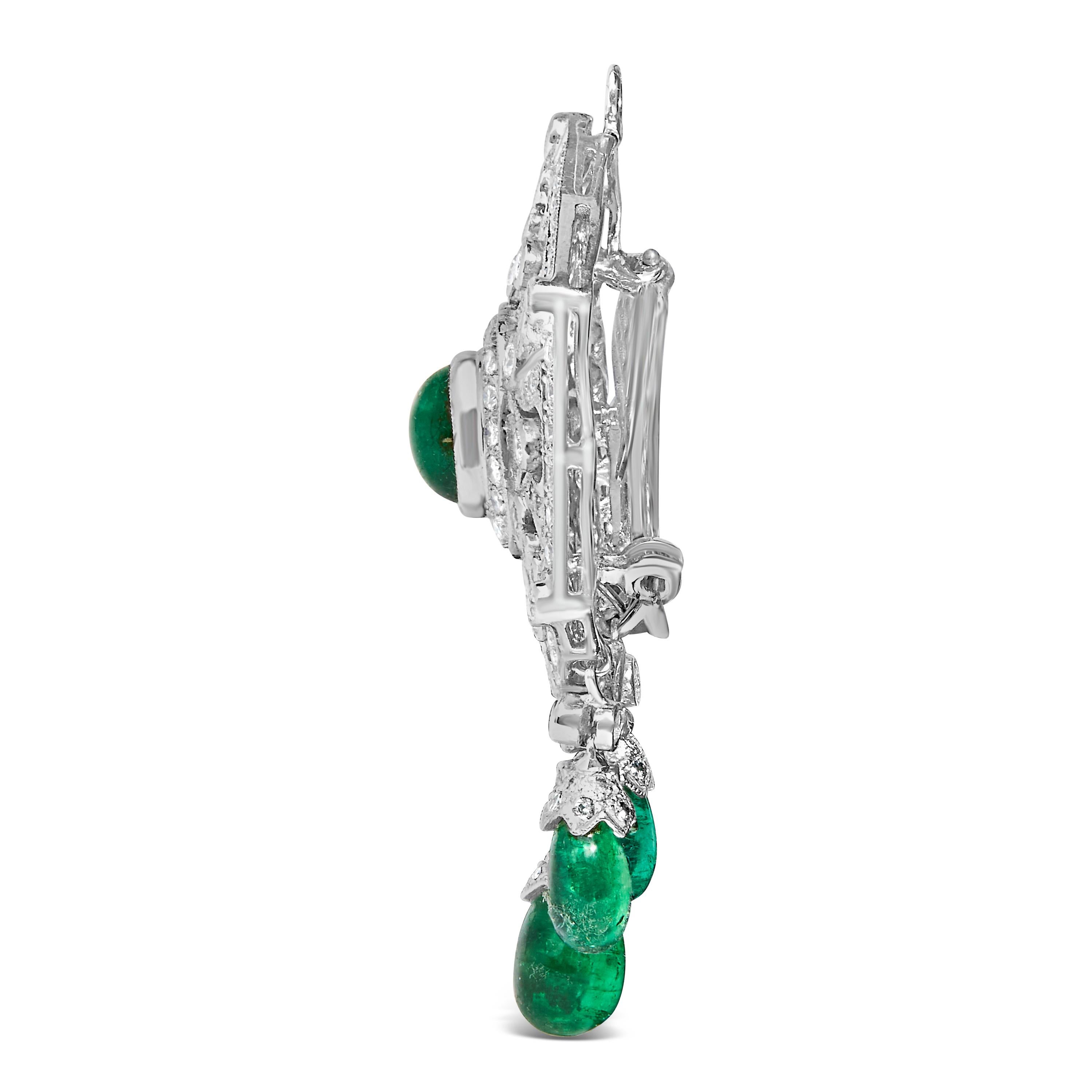Modern 18K 2 3/4 Cttw Diamond and Emerald Dangle Art Deco Shield Brooch Pin Pendant For Sale