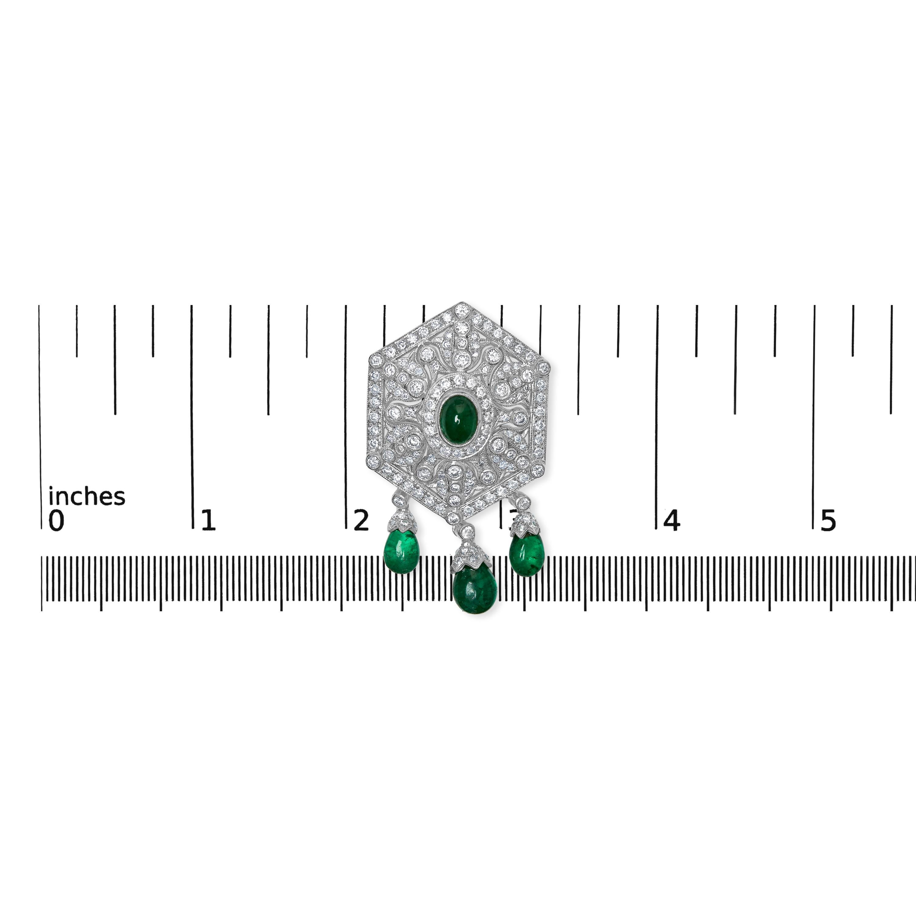 Round Cut 18K 2 3/4 Cttw Diamond and Emerald Dangle Art Deco Shield Brooch Pin Pendant For Sale