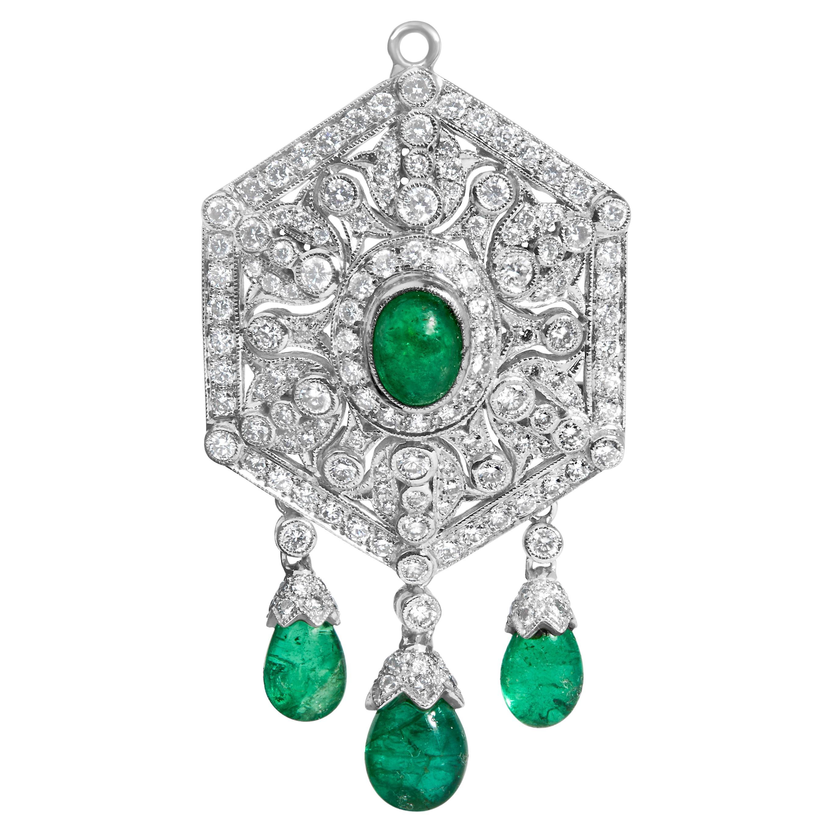 18K 2 3/4 Cttw Diamond and Emerald Dangle Art Deco Shield Brooch Pin Pendant