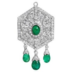 18K 2 3/4 Cttw Diamond and Emerald Dangle Art Deco Shield Brooch Pin Pendant