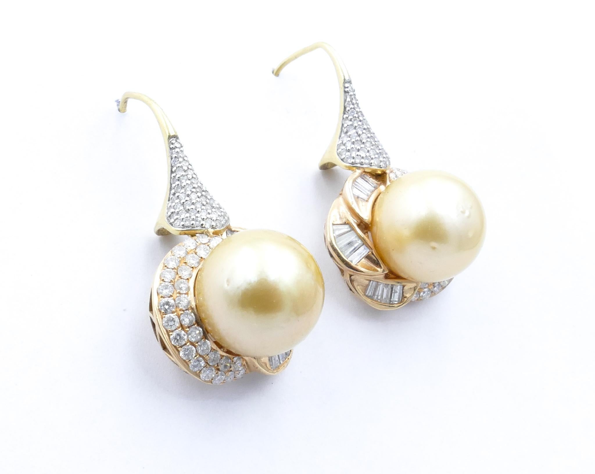 Modern 18K 2 Tone Yellow & White Gold Golden South Sea Pearl and Diamond Drop Earrings For Sale