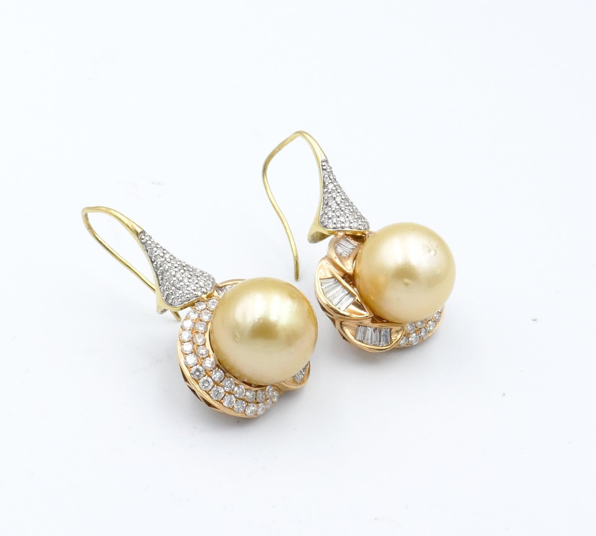 Mixed Cut 18K 2 Tone Yellow & White Gold Golden South Sea Pearl and Diamond Drop Earrings For Sale