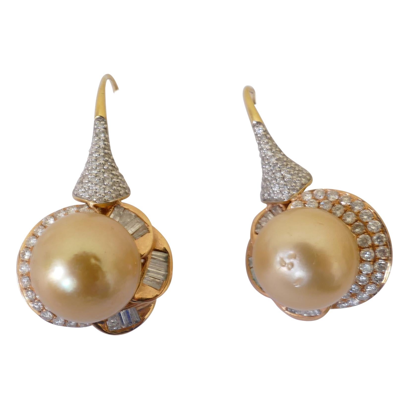 18K 2 Tone Yellow & White Gold Golden South Sea Pearl and Diamond Drop Earrings For Sale