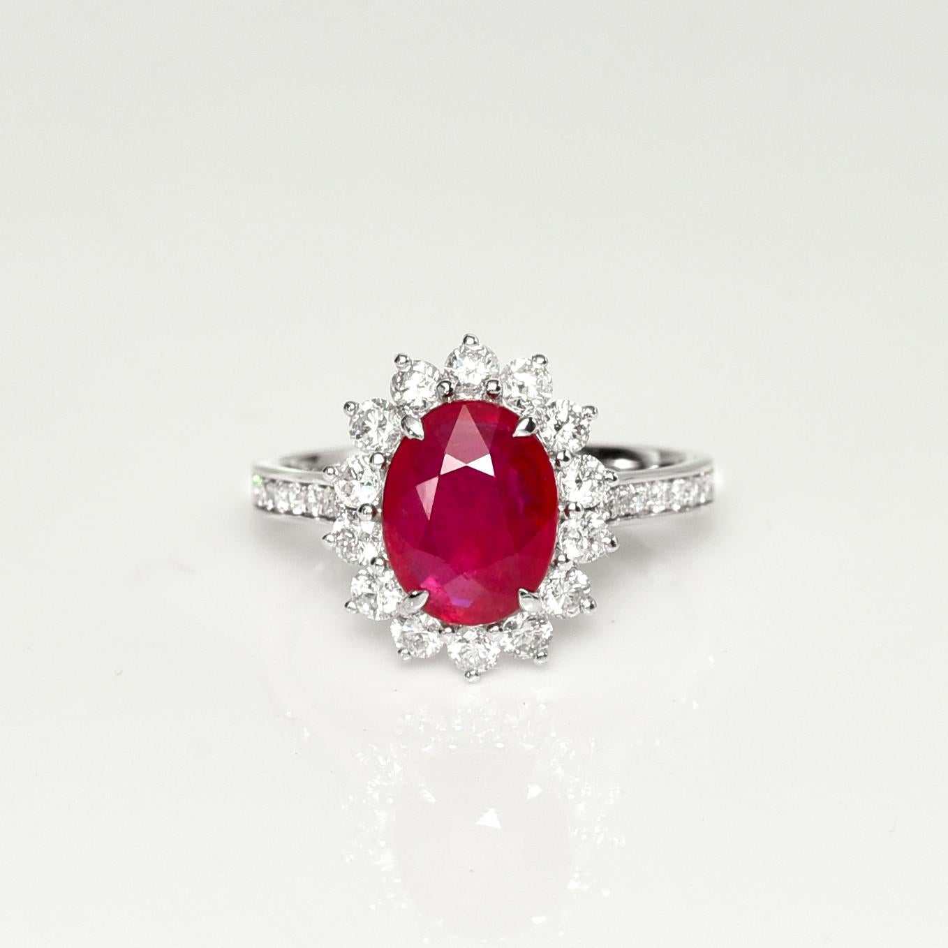 **GRS 18K 2.11 Ct Red Ruby& Diamonds Antique Art Deco Style Engagement Ring**
One natural red ruby as the center stone weighing 2.11 ct surrounded by the FG VS accent diamonds weighing 0.74 ct on the 18K white gold Dianna design band to make the