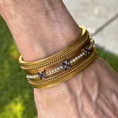 18K & 21K Yellow Gold Enamel Diamond Pearl Hinged Oval Vintage Bangle Bracelet