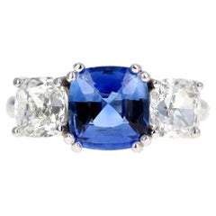 18K 2.23 Carat Cushion Cut Ceylon Sapphire & Cushion Diamond Three Stone Ring