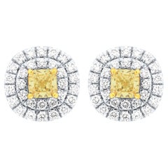 18K & 22K Gold 0.80 Carat Yellow Cushion Double Halo Earrings