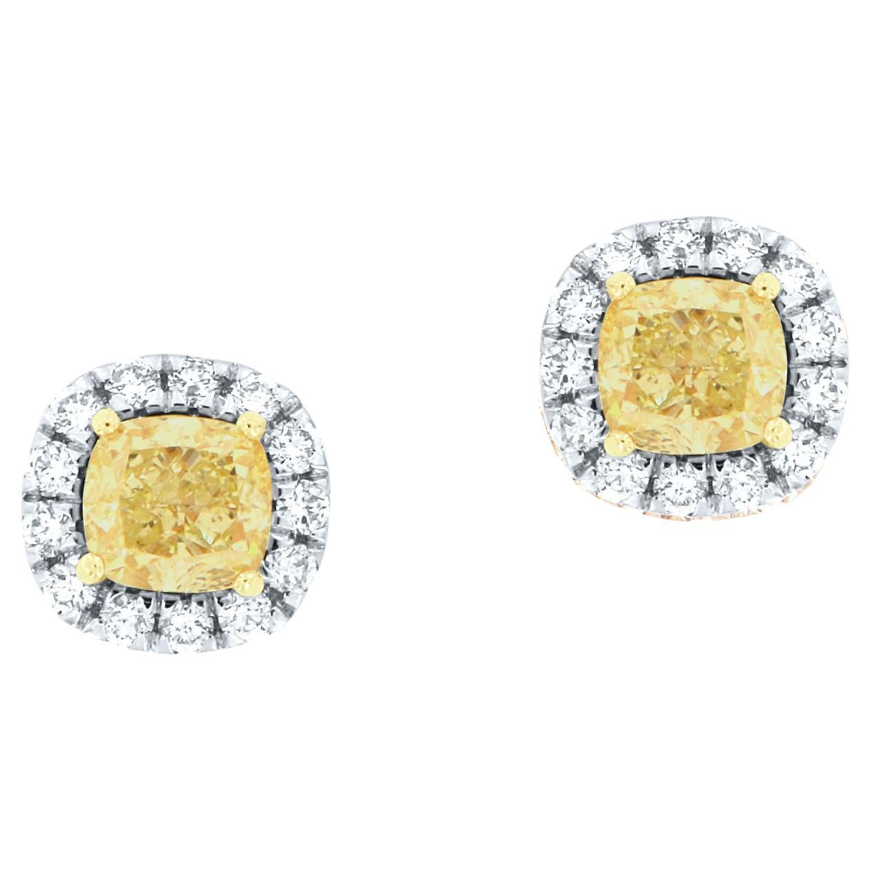 18k & 22k Gold 1.40 Carat Yellow Cushion Halo Diamond Earrings