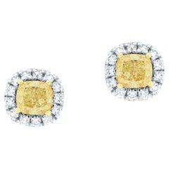 18k & 22k Gold 1.40 Carat Yellow Cushion Halo Diamond Earrings