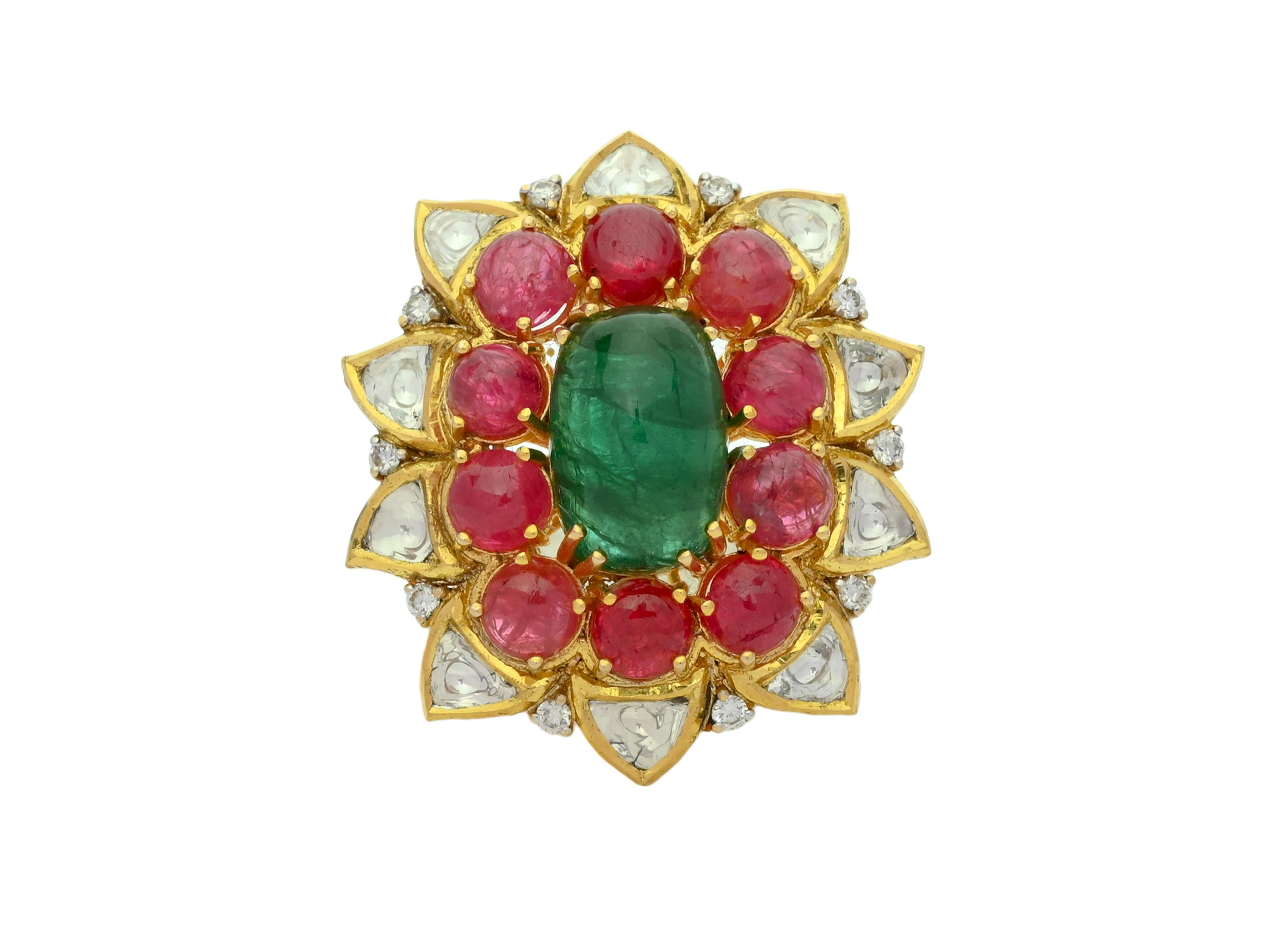 Cabochon 18K Gold natural Emerald, Spinels and Diamond Polki Mughal Ring For Sale