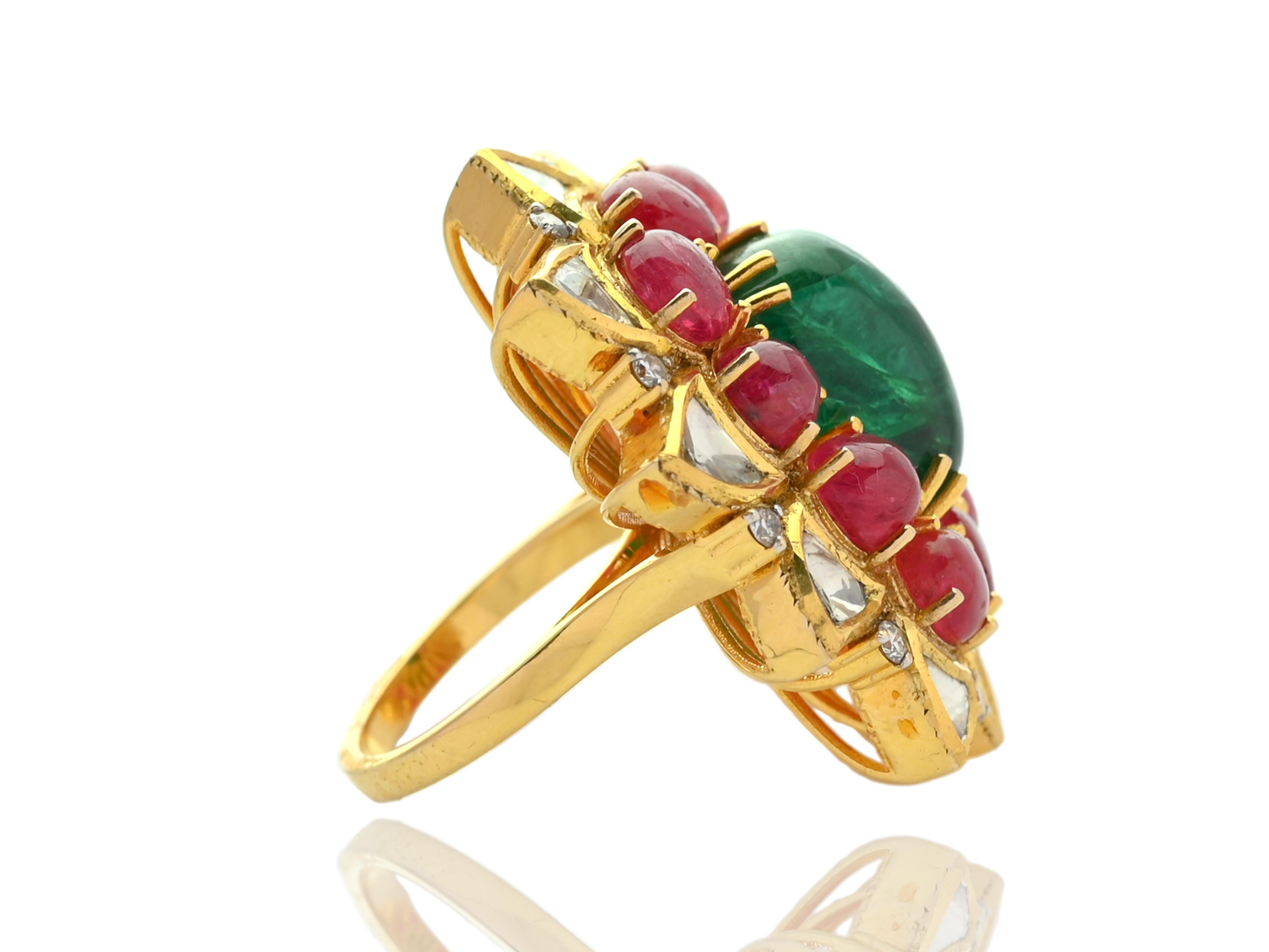 18K Gold natural Emerald, Spinels and Diamond Polki Mughal Ring For Sale 1
