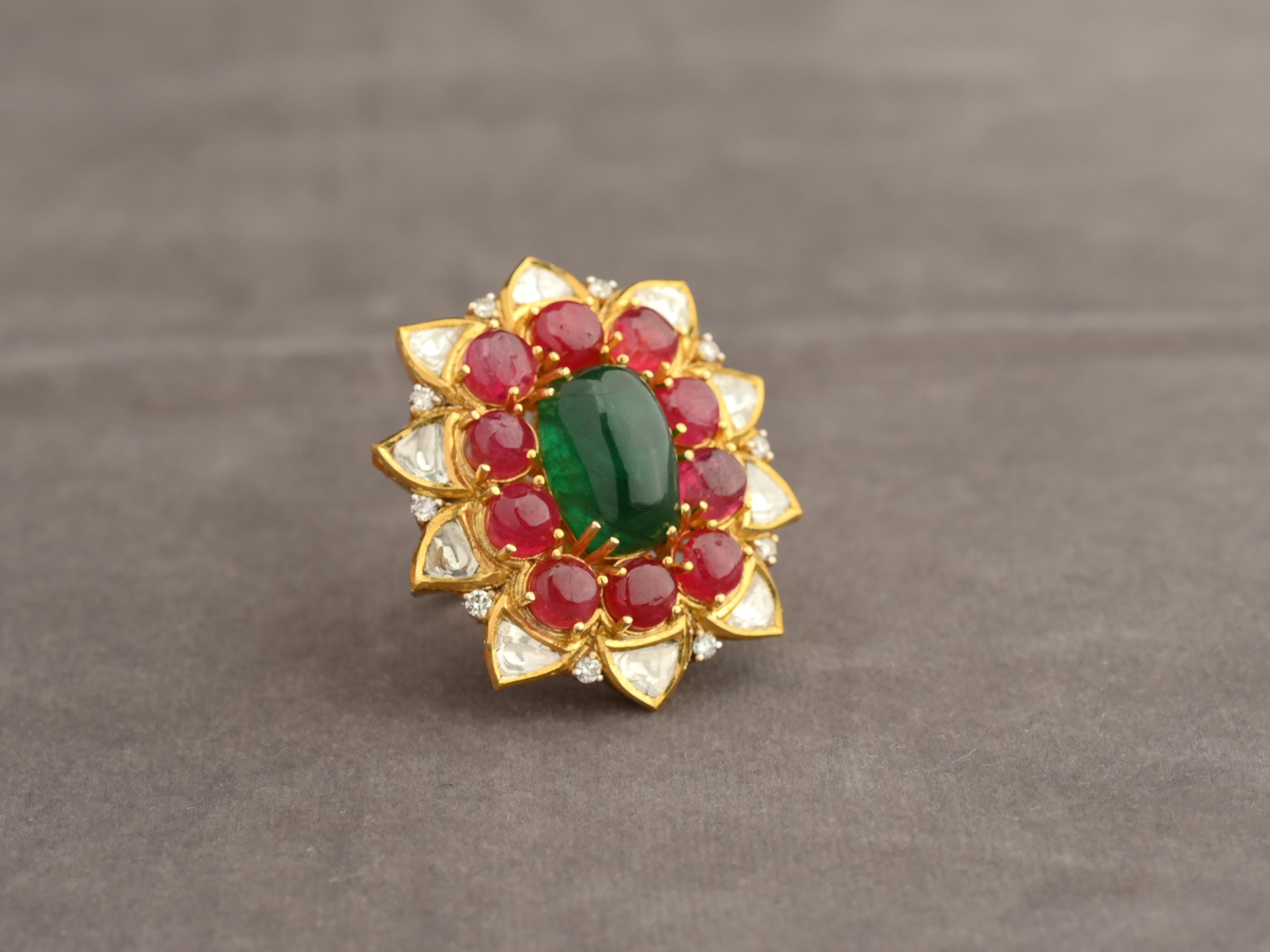 18K Gold natural Emerald, Spinels and Diamond Polki Mughal Ring For Sale 3