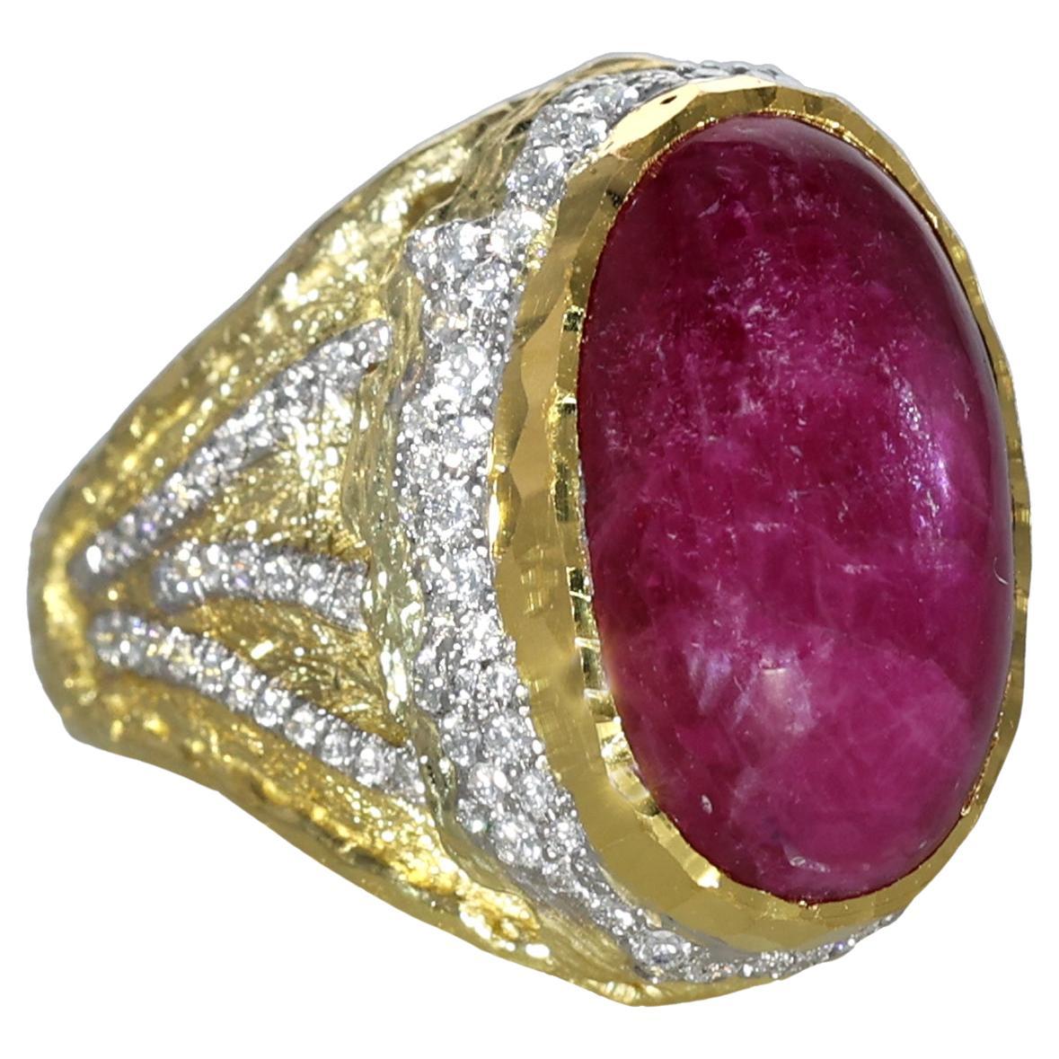 18K & 24K Gold Ring with 22.15 Carat Cabochon Ruby & Diamonds by Victor Velyan