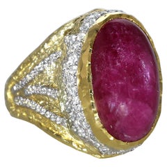 18K & 24K Gold Ring with 22.15 Carat Cabochon Ruby & Diamonds by Victor Velyan