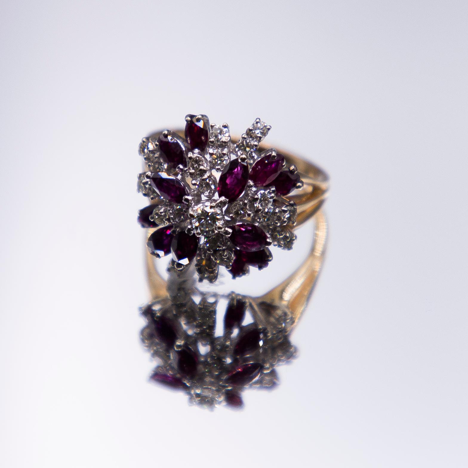 Marquise Cut 18k 2.50 carats ruby and 0.92 carats diamond pinwheel cluster. Florida estate. For Sale