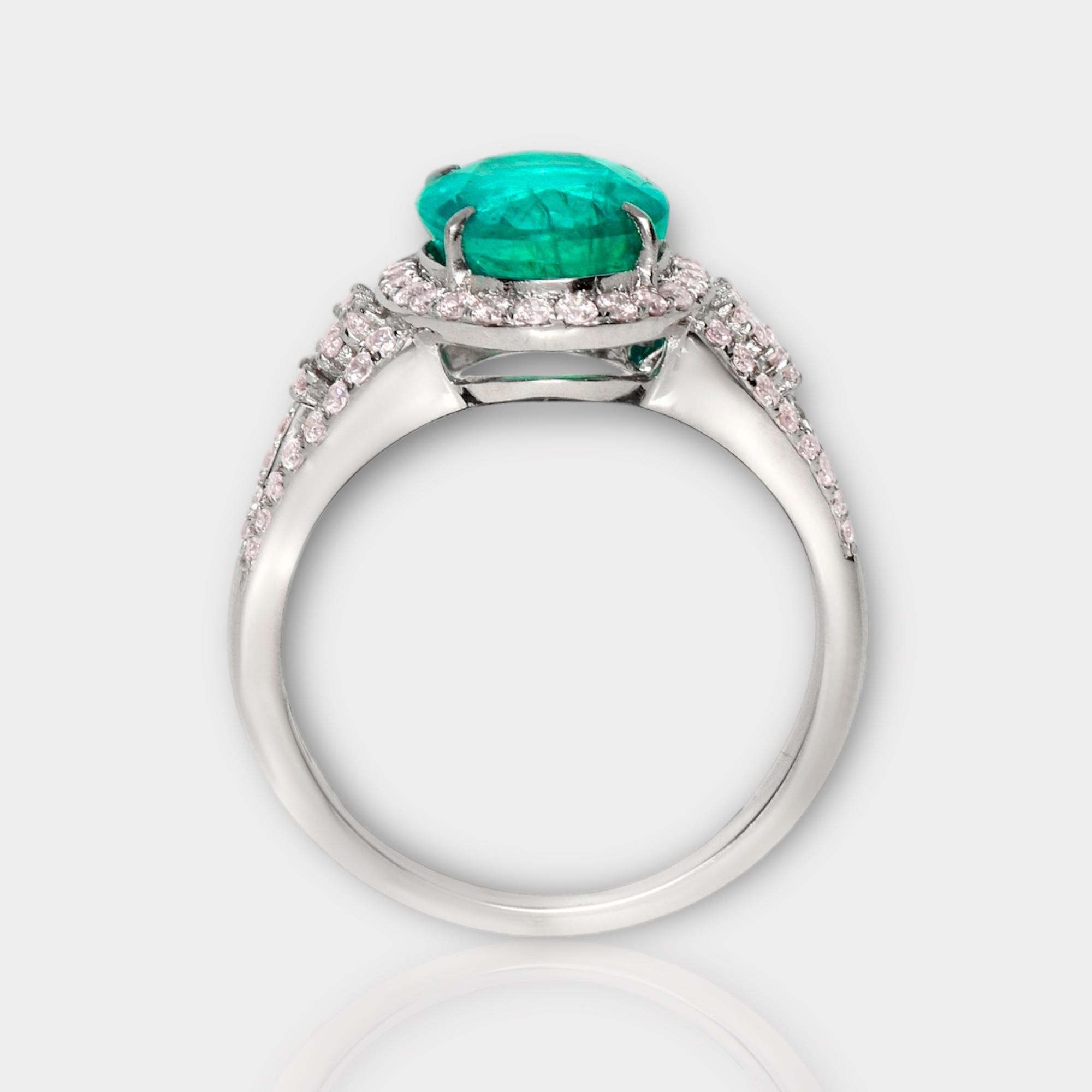 Oval Cut IGI 18k 2.85 Ct Emerald&Pink Diamonds Antique Art Deco Style Engagement Ring For Sale