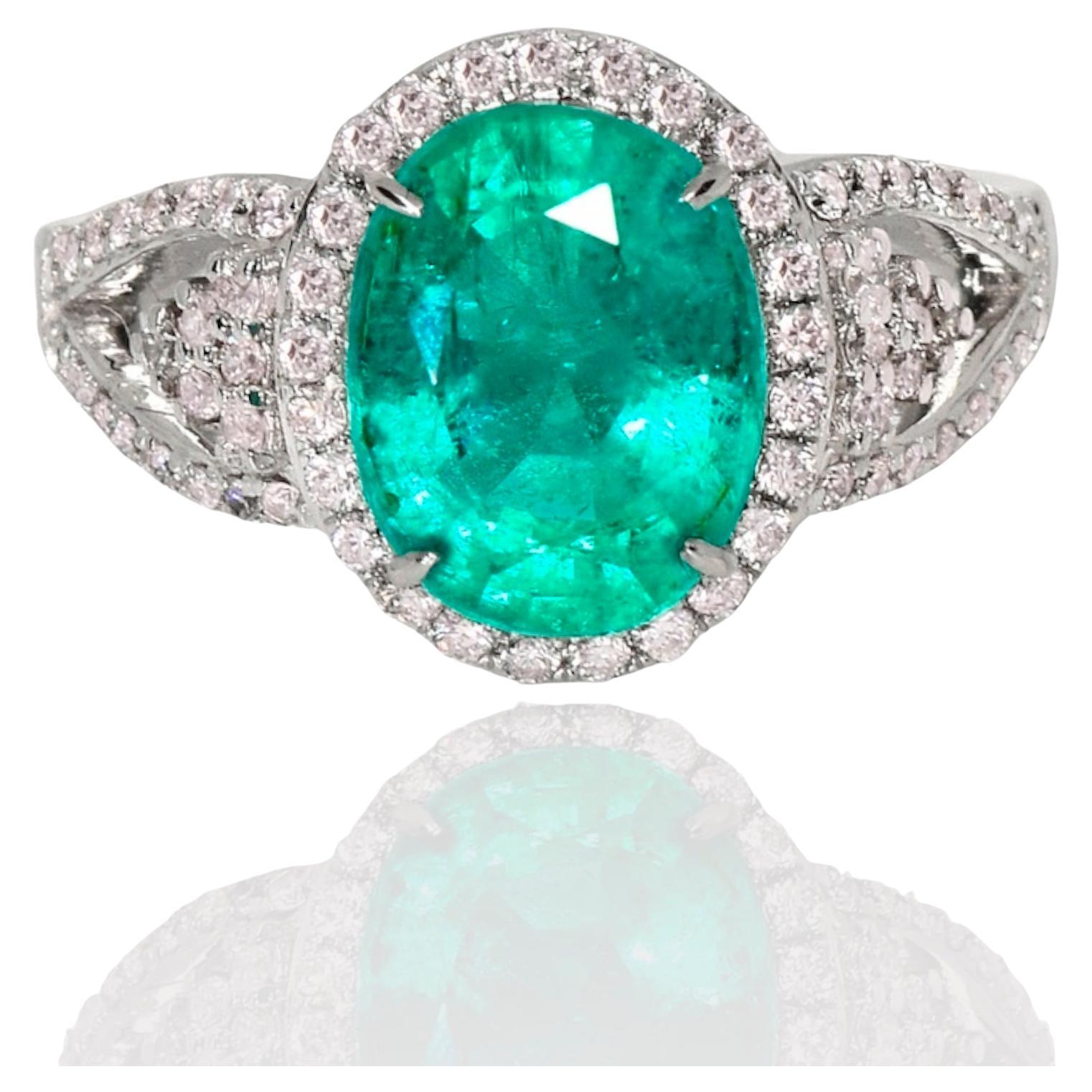 IGI 18k 2.85 Ct Emerald&Pink Diamonds Antique Art Deco Style Engagement Ring