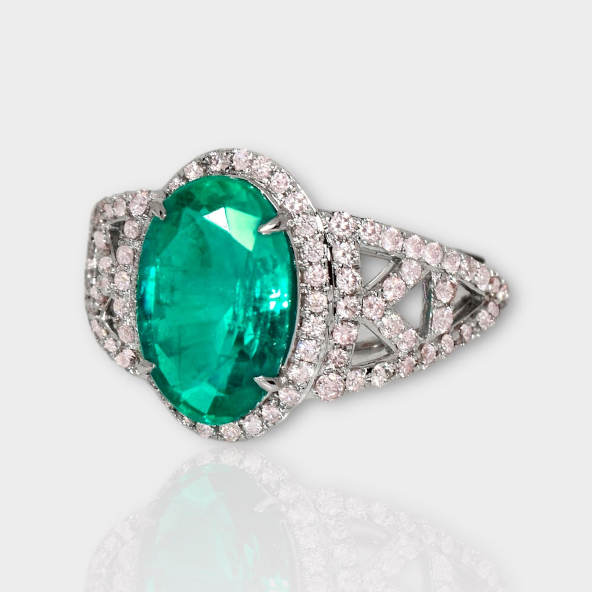 Contemporary IGI 18k 2.96 Ct Emerald&Pink Diamonds Antique Art Deco Style Engagement Ring For Sale